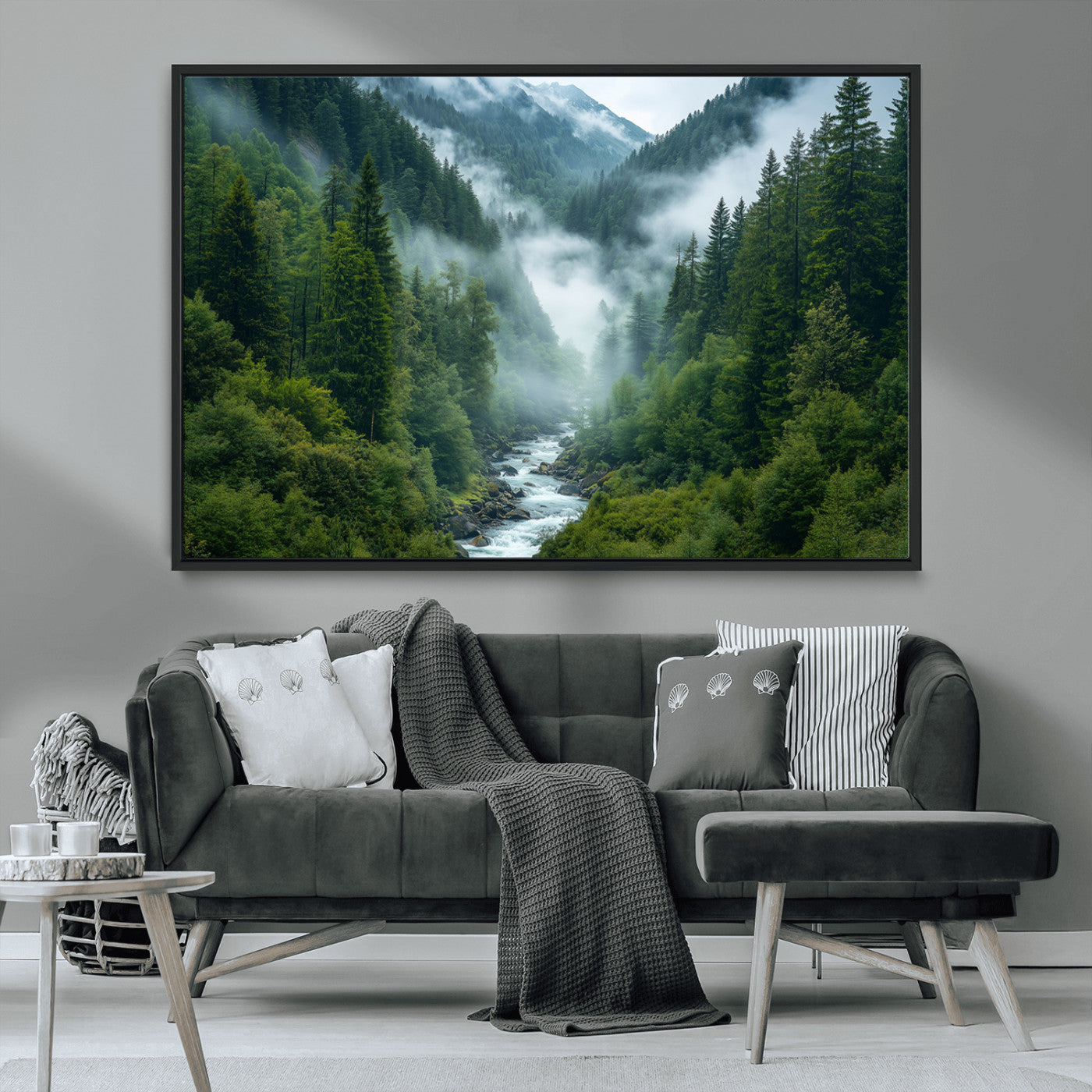 MGV-FC-36X24 - Mountain Forest River Canvas Wall Art Print - Serene Nature Landscape for Living Room, Office, or