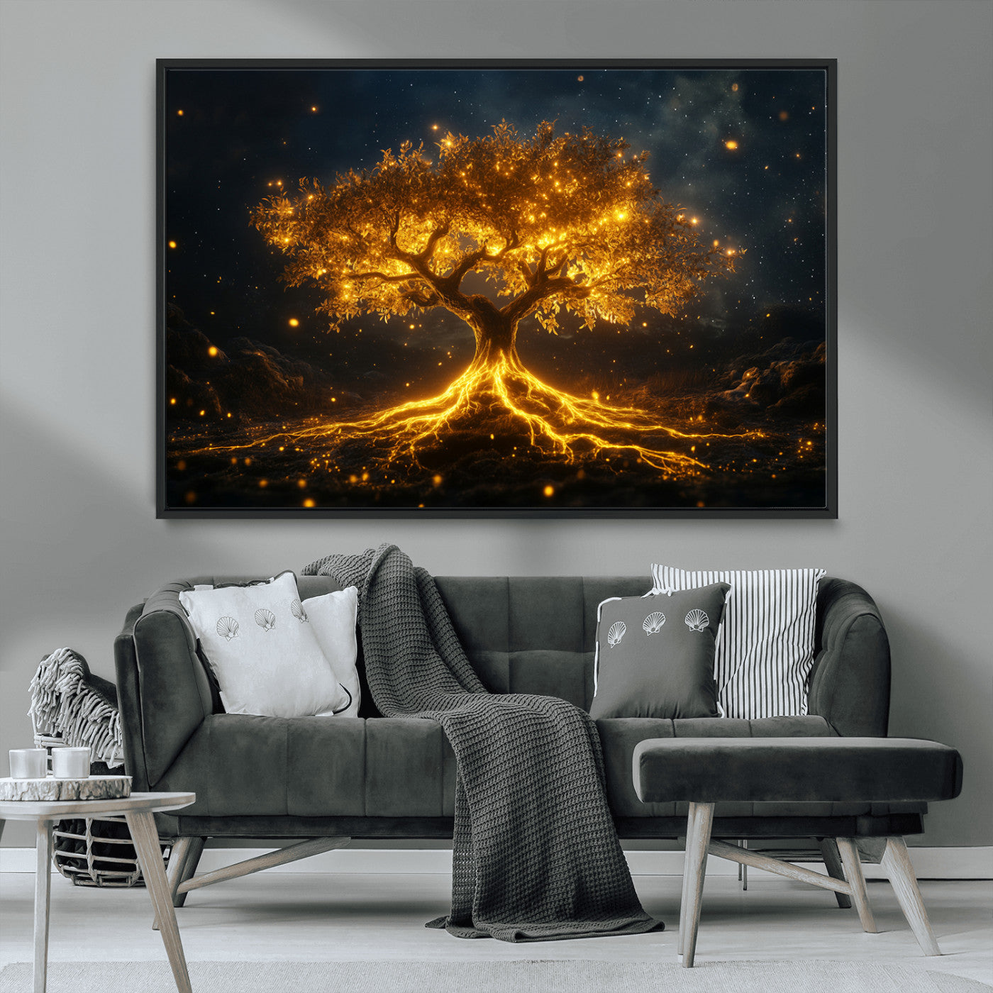 MGV-FC-36X24 - Golden Tree of Life Canvas Wall Art Print - Majestic Glowing Tree Design for Living Room, Office, or