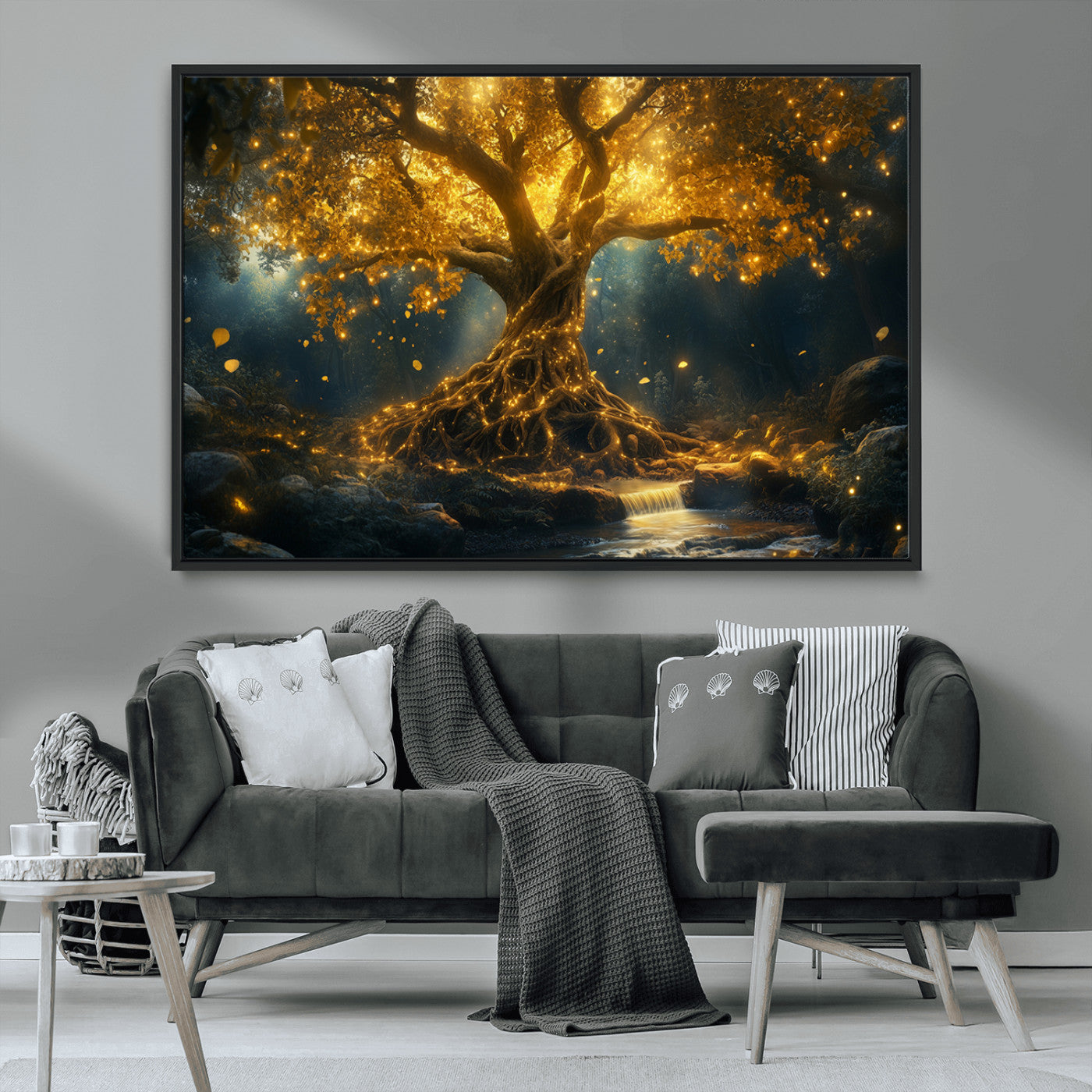 MGV-FC-36X24 - Golden Tree of Life Canvas Wall Art Print - Majestic Glowing Tree Wall Art Print