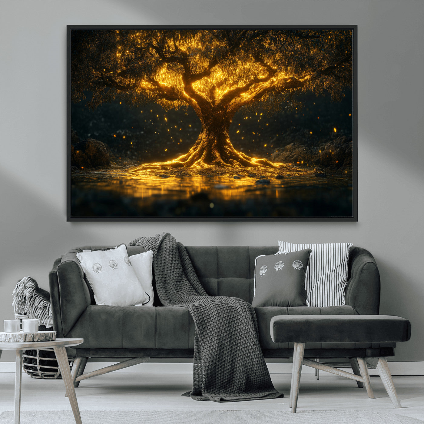 MGV-FC-36X24 - Golden Tree of Life Canvas Wall Art Print - Majestic Glowing Tree Wall Art Print