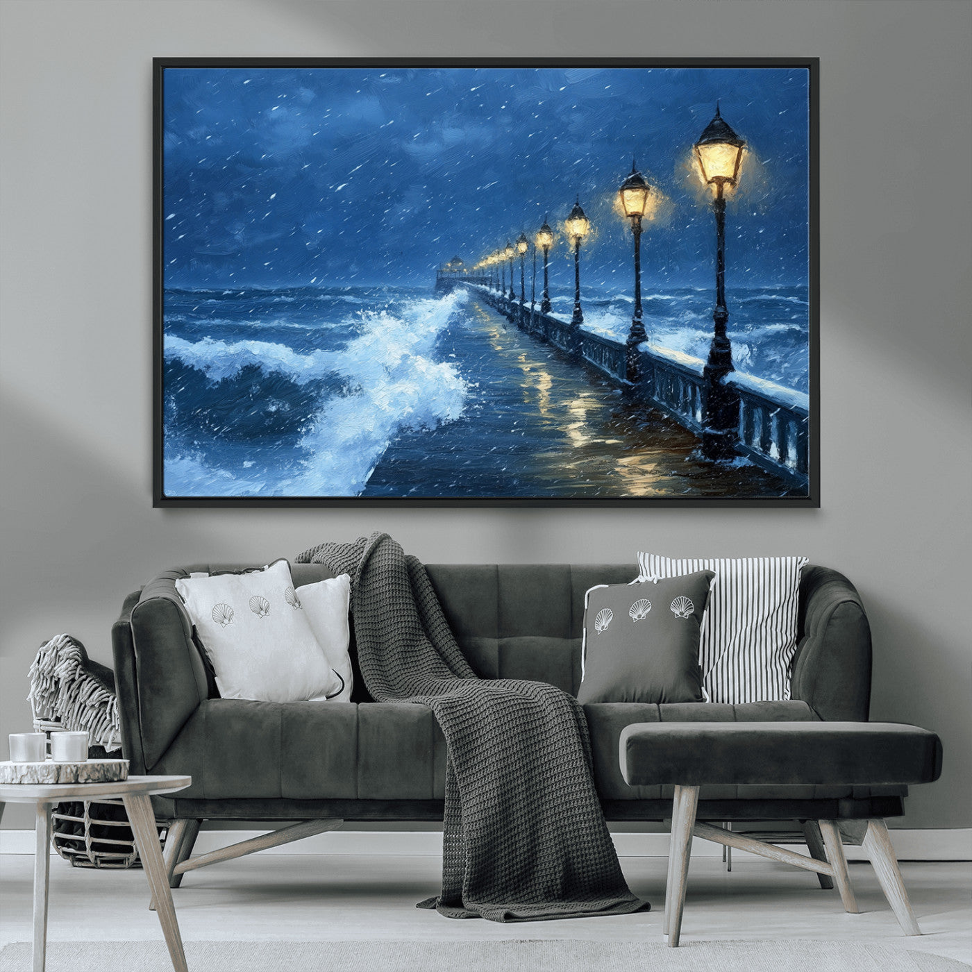MGV-FC-36X24 - Stormy Ocean Pier Lights Canvas Wall Art Print - Large Moody Night Scene for Living Room, or Office,