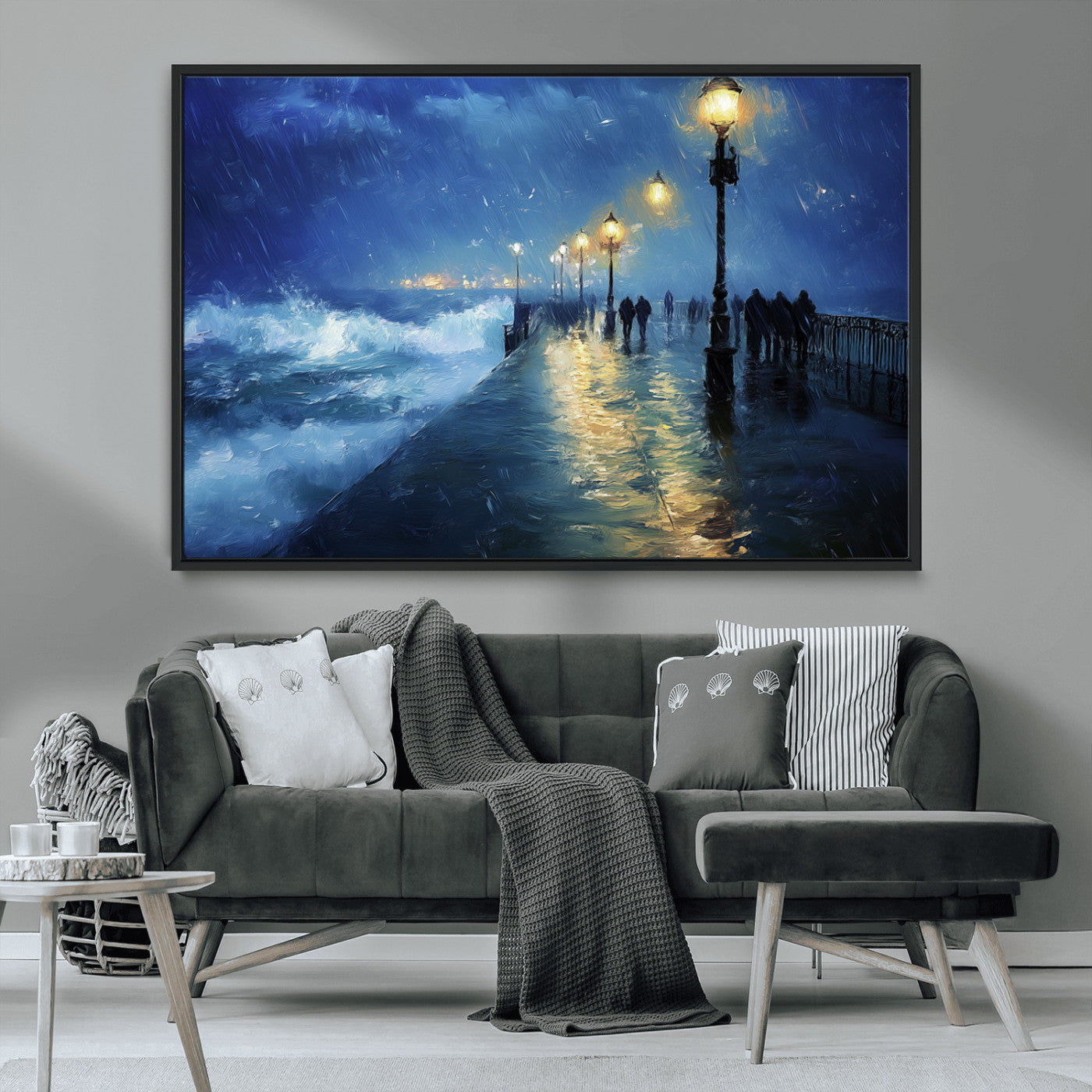 MGV-FC-36X24 - Abstract Stormy Ocean Pier Canvas Wall Art Print | Stormy Ocean Art | Large Moody Night Scene Print,