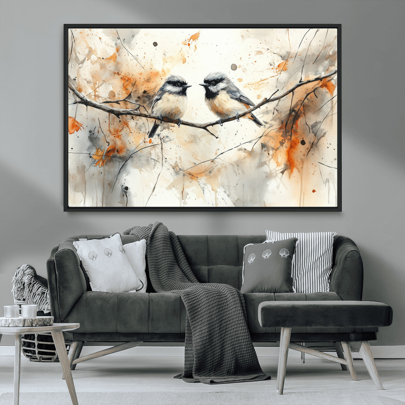 MGV-FC-36X24 - Abstract Watercolor Chickadee Bird Canvas Wall Art Print - Large Bird and Branch Wall Art, Modern