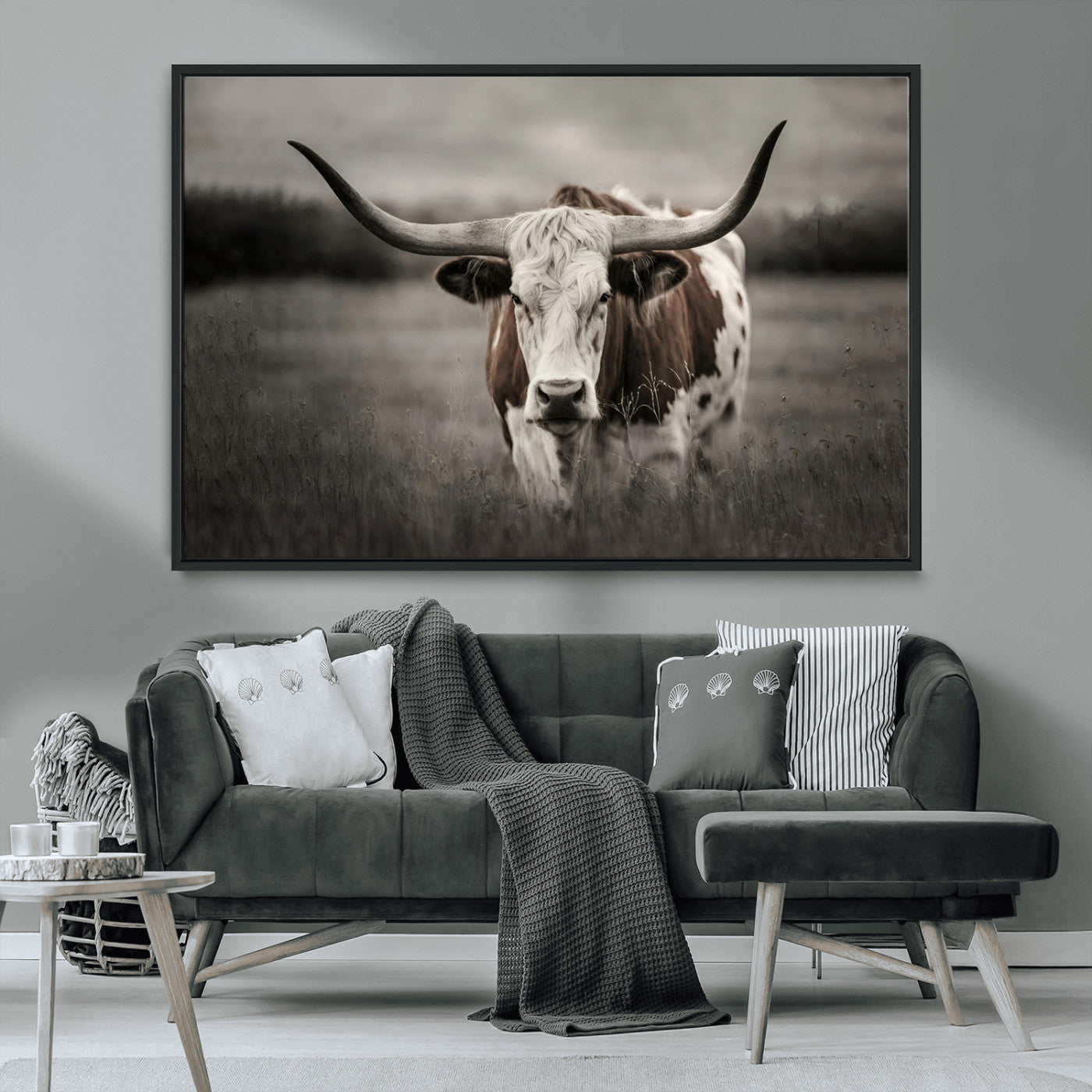 MGV-FC-36X24 - Texas Longhorn Cow Canvas Wall Art Print - Large Rustic Longhorn Art for Living Room, Western Wall