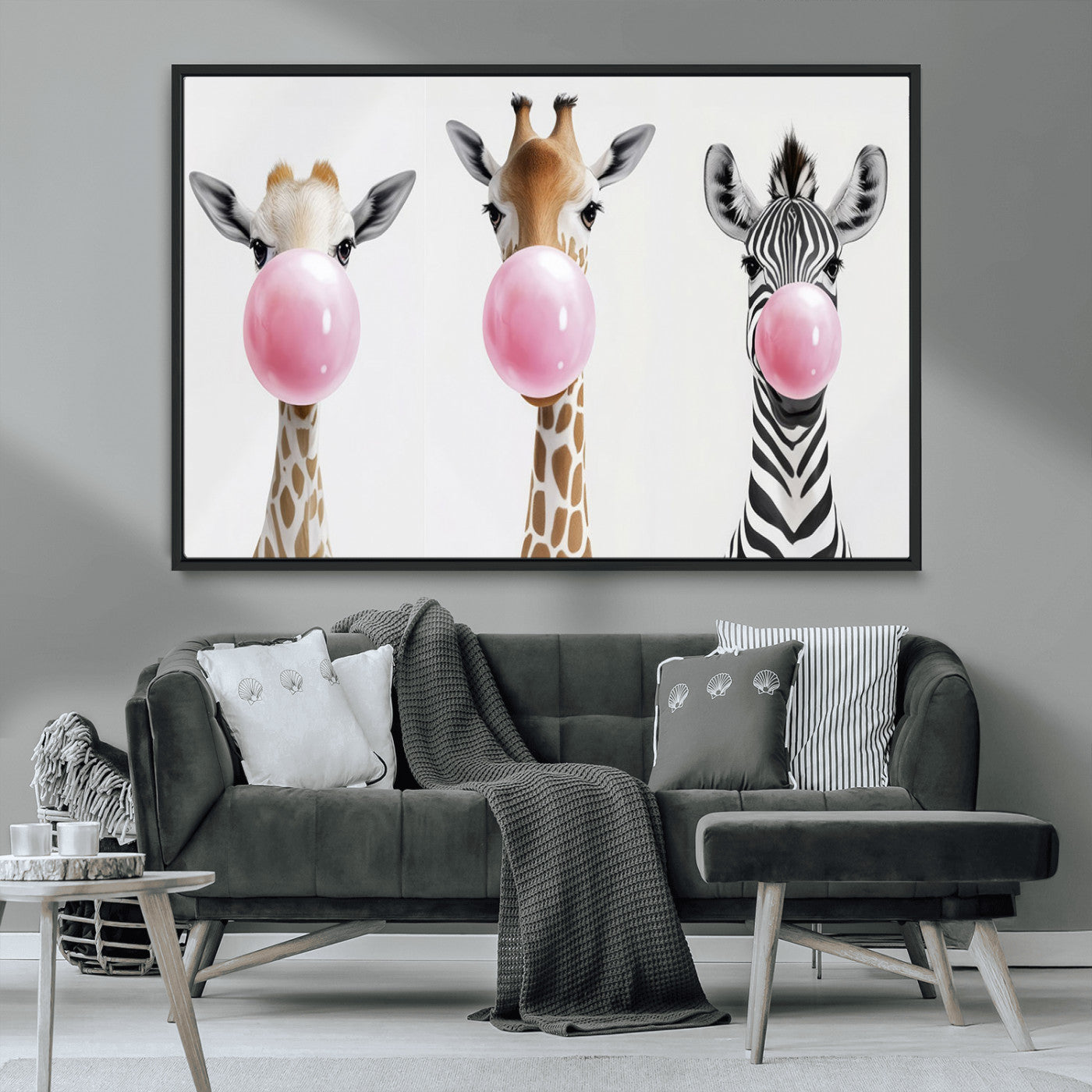 MGV-FC-36X24 - Bubblegum Animals Canvas Wall Art - Playful Giraffe and Zebra Trio, Fun Nursery Decor for Kids'