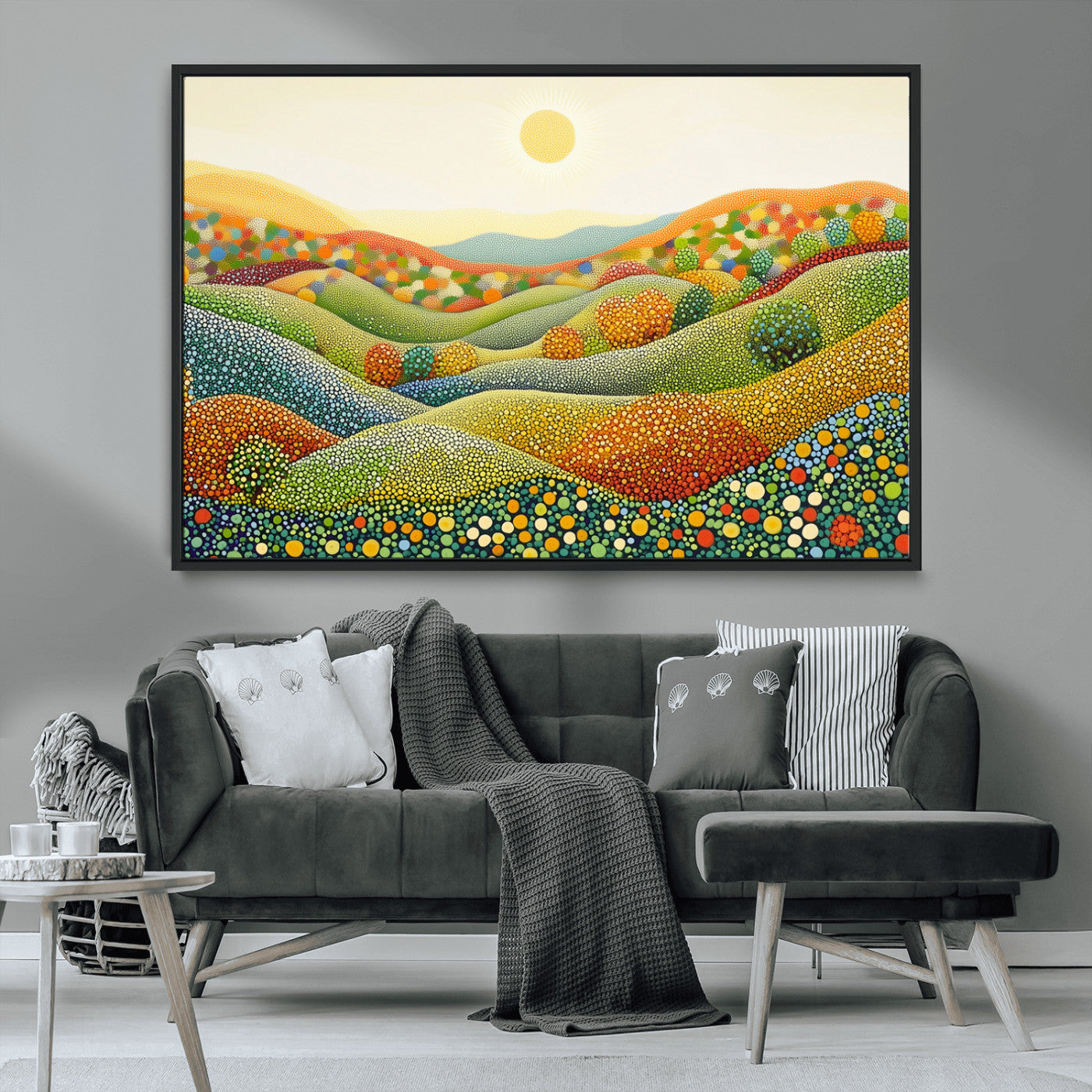 MGV-FC-36X24 - YAYOI KUSAMA Wall Art - Colorful Dot Art Landscape Canvas, Framed Japanese Dot Art