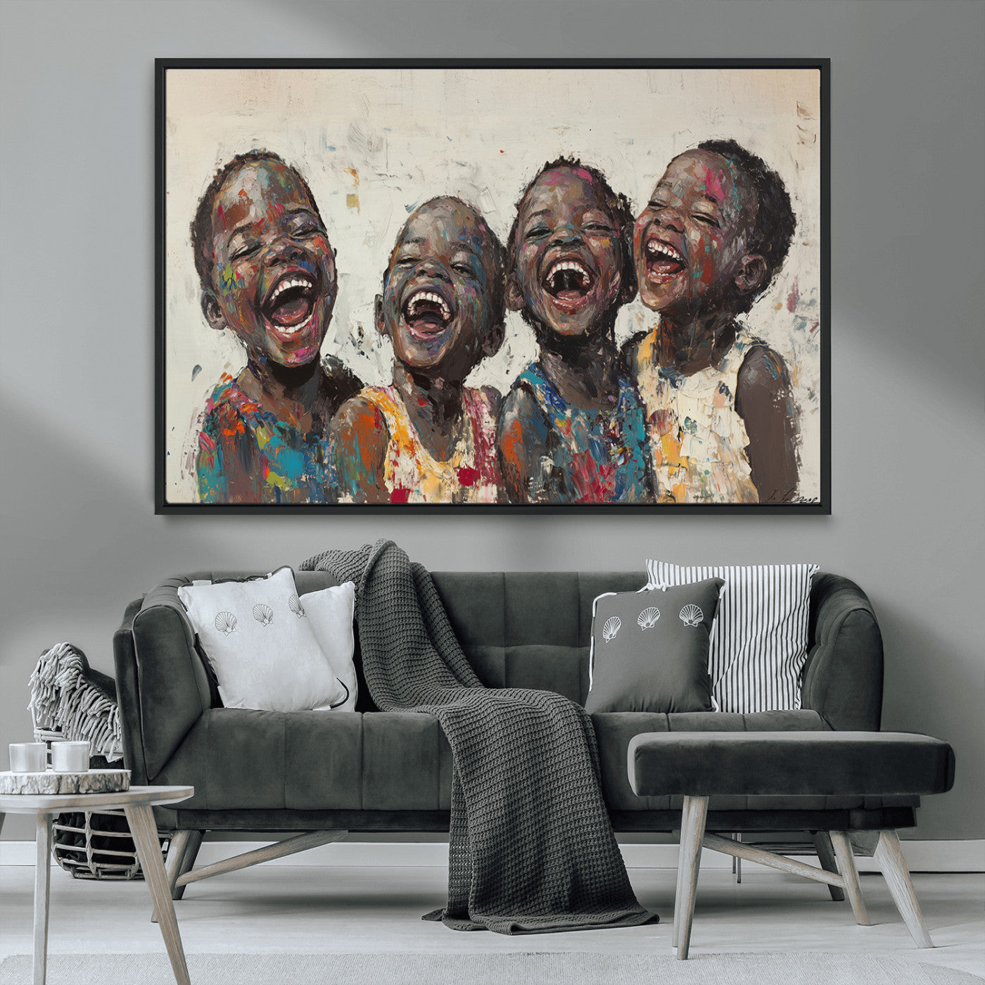 85256-MGV-CV-36X24-Shai Yossef Print - Joyful Childhood Canvas Wall Art - Expressive Impasto Painting of Laughing