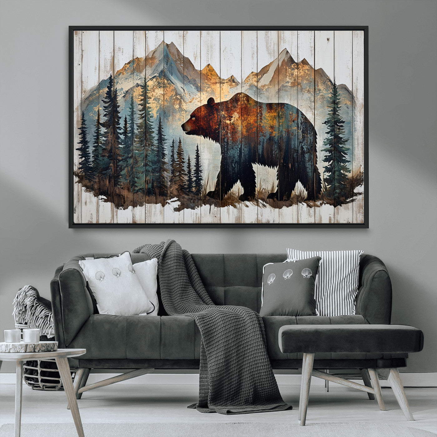 55777-MGV-CV-36X24-Rustic Grizzly 399 Bear and Mountain Wood Canvas Wall Art - Framed Nature Artwork with Forest