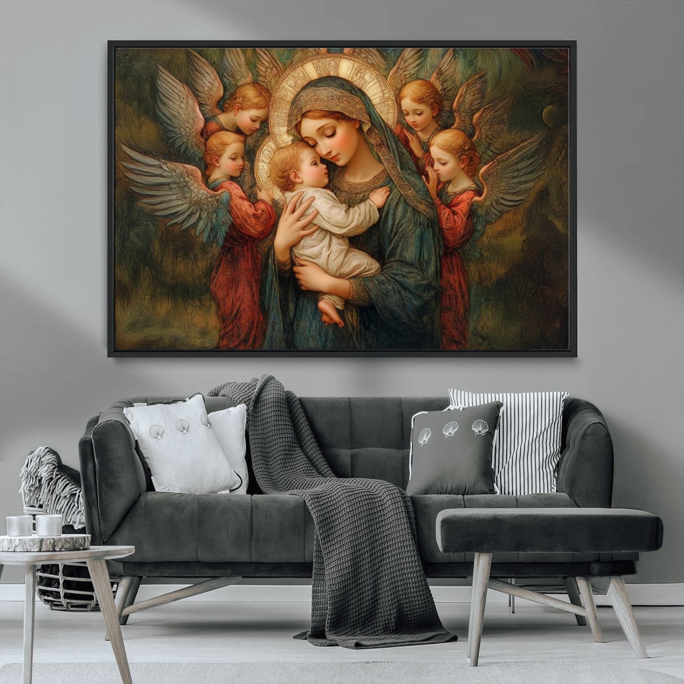 MGV-FC-36X24 - Mary Jesus Canvas Wall Art Print - Madonna and Child with Angels Art Print - Classic Christian