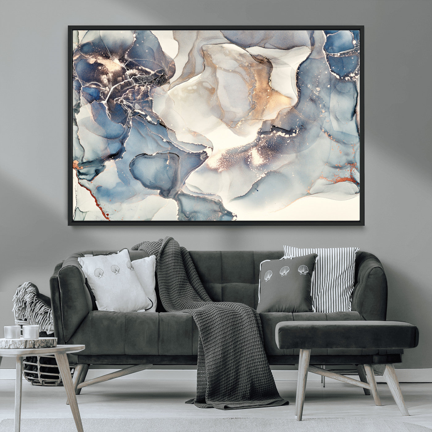 MGV-FC-36X24 - Abstract Blue and Gold Canvas Wall Art - Fluid Modern Ink Artwork - Modern Luxury Wall Decor for