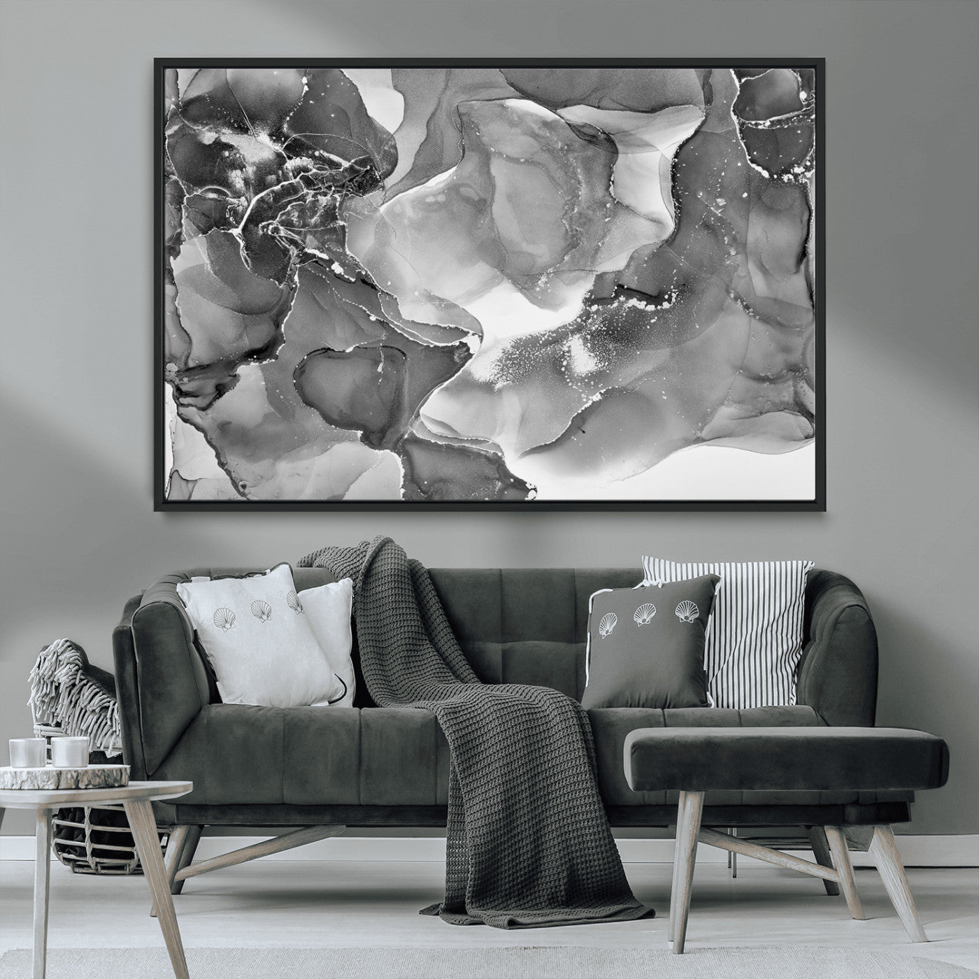 MGV-FC-36X24 - Black White Abstract Canvas Wall Art - Fluid Ink Artwork - Modern Luxury Wall Decor for Contemporary
