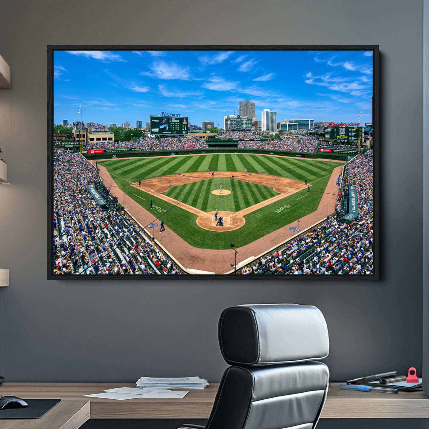 26064-MGV-CV-30X20-Framed Wrigley Field Chicago Cubs Print, Panoramic Multi Piece Canvas Wall Art - Iconic Baseball Stadium Print for Sports Lovers - Ready to