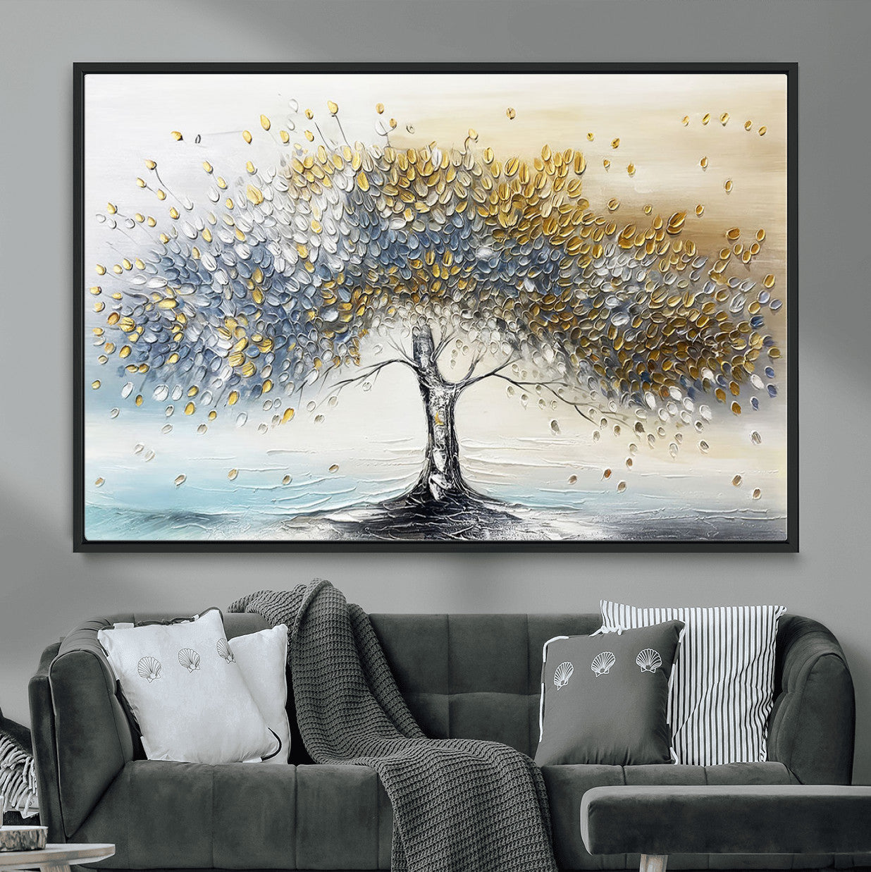 37744-MGV-CV-36X24-Golden and Silver Tree Wall Art – Framed Elegant Leaves Canvas Artwork, Modern Nature Design, Decor for Home, Office