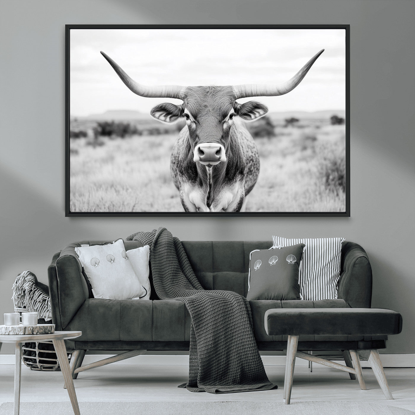 MGV-FC-36X24 - Highland Cow Wall Art Print - Black and White Texas Western Longhorn Canvas - Farmhouse Decor Print