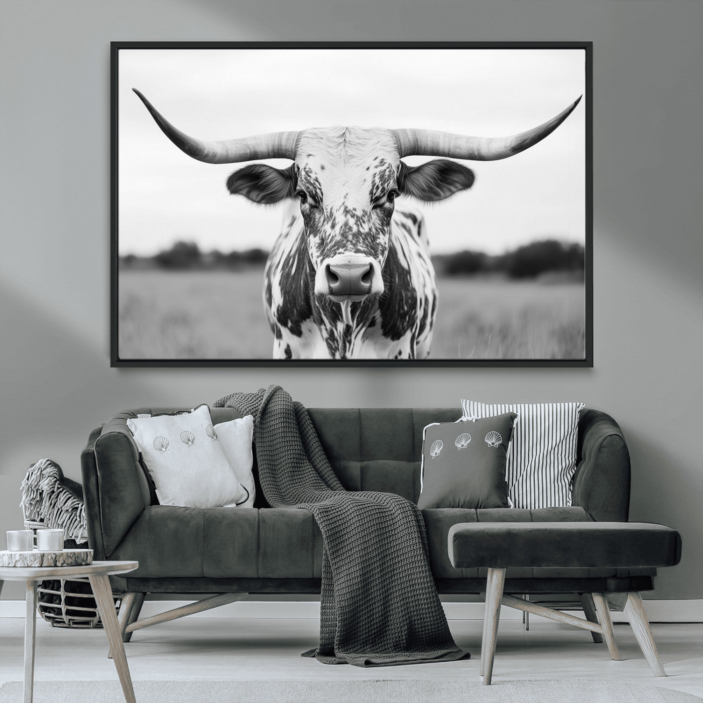 MGV-FC-36X24 - Highland Cow Wall Art - Black and White Western Longhorn Canvas Print - Farmhouse Living Room Decor