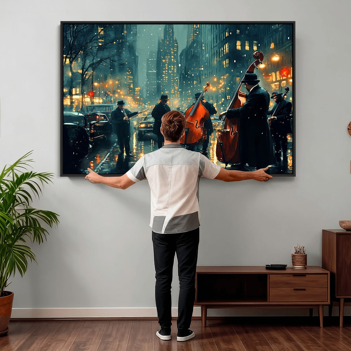 53391-MGV-CV-24X16 - Urban Night Jazz Wall Art Canvas Print | Moody Rain Soaked City Street Band Scene