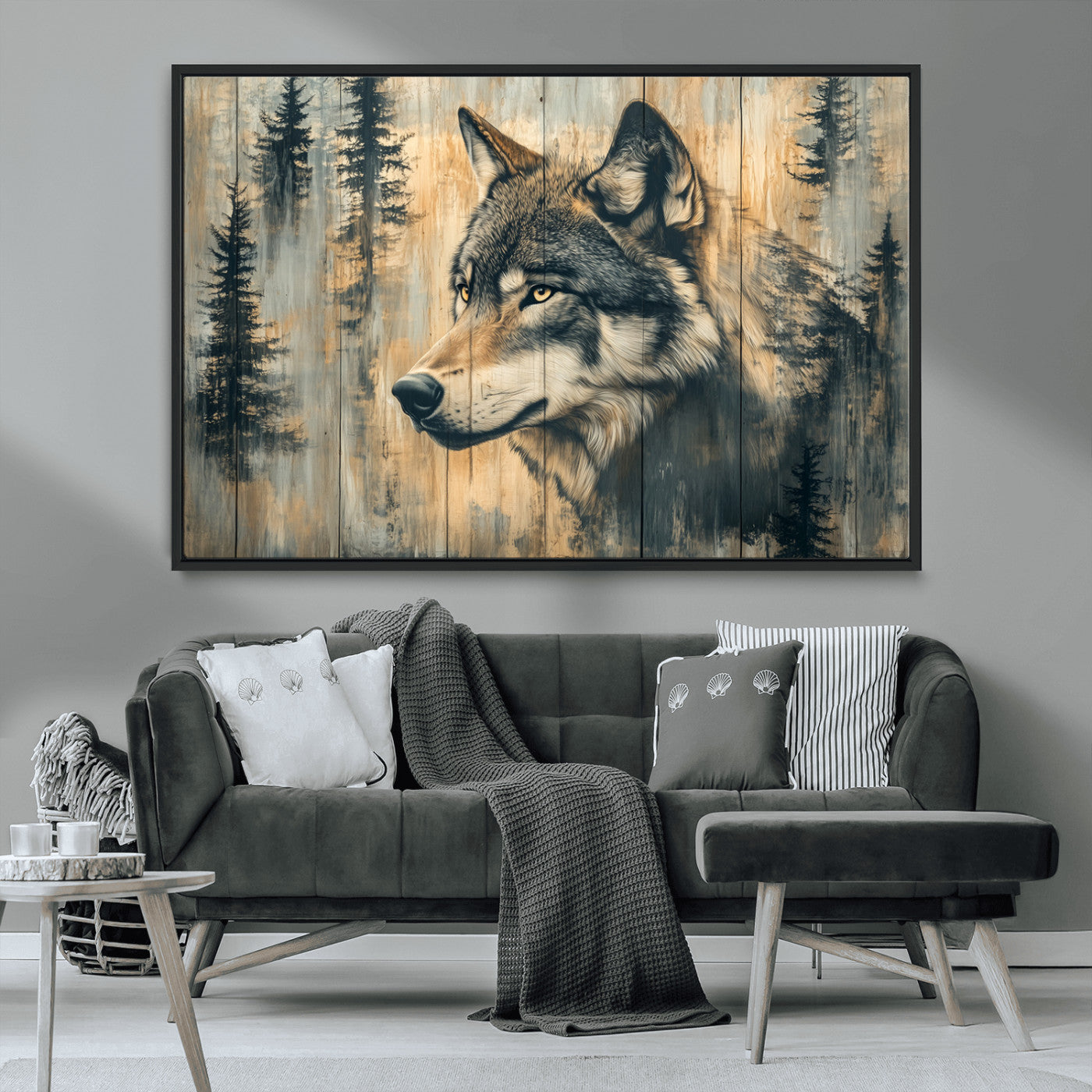 MGV-FC-36X24 - Wood Style Rustic Wolf Wall Art Canvas Print, Vintage Woodland Wolf Wall Art, Framed Wood Style Wolf