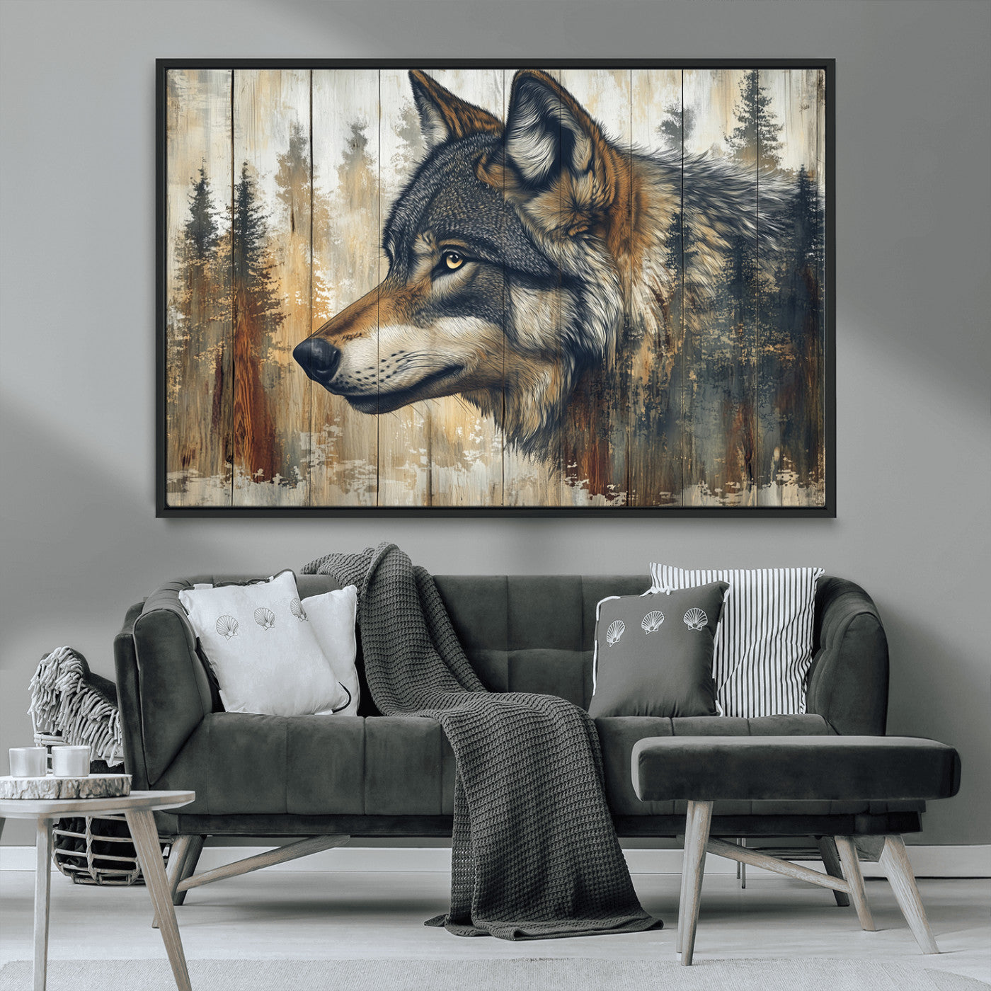 MGV-FC-36X24 - Rustic Wolf Wall Art Canvas Print, Vintage Woodland Wolf Wall Art