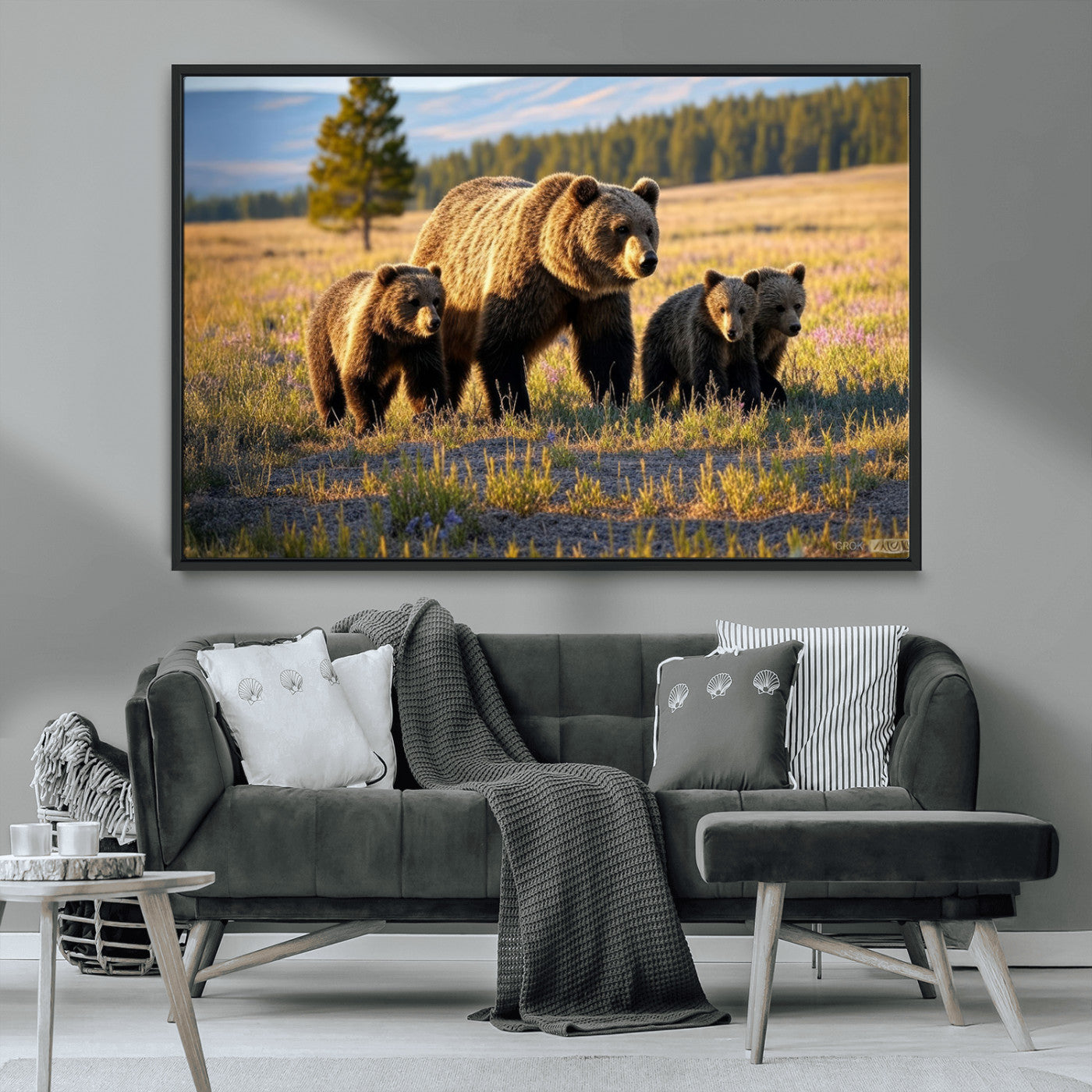 MGV-FC-36X24 - Grizzly 399 in Wild Flowers Wall Art Canvas Print, Grizzly Bears Wall Art, Queen of Grand Teton