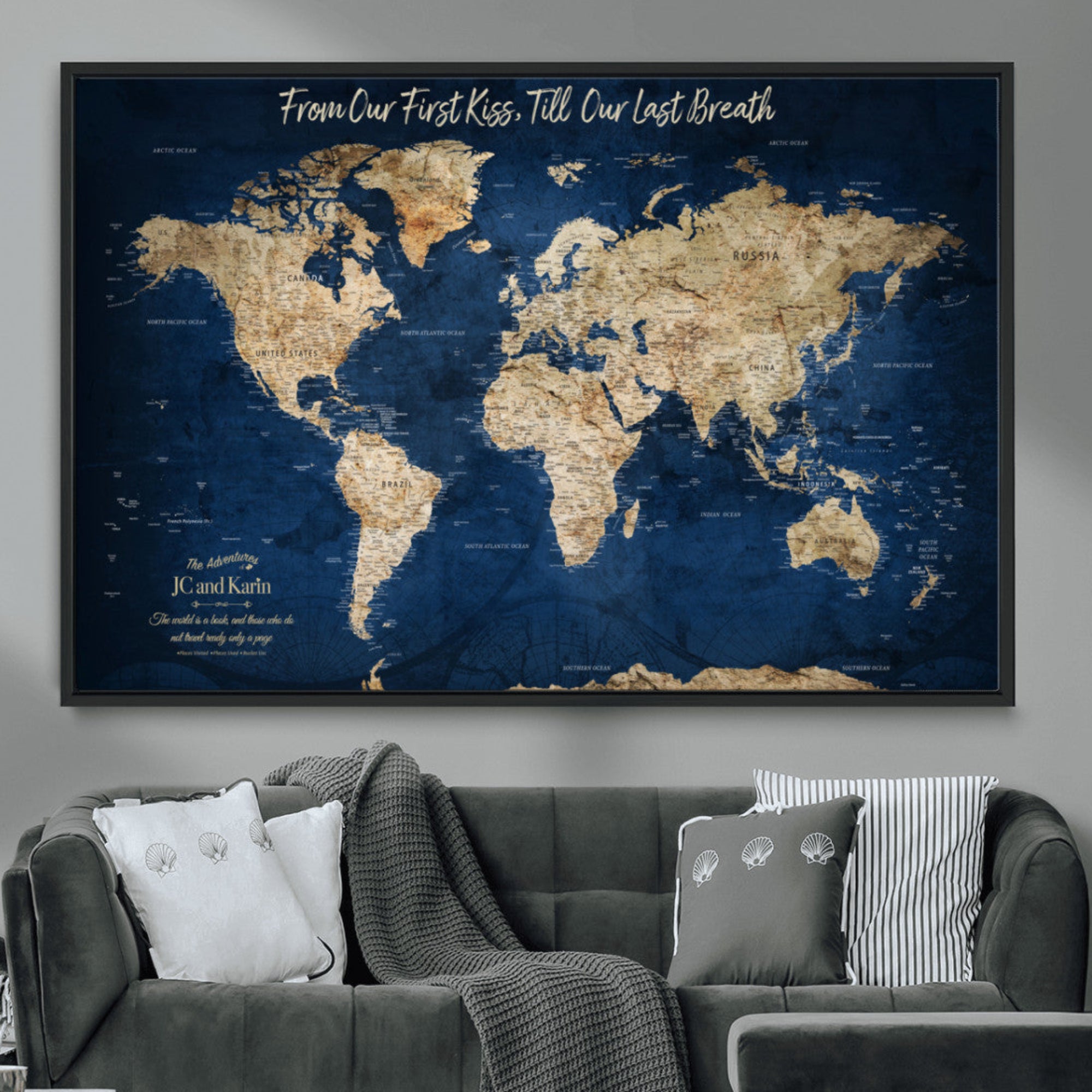 -Personalized Push Pin World Map Canvas Print – Custom Couple Travel Tracker Wall Art, Framed Anniversary Gift for Home Decor