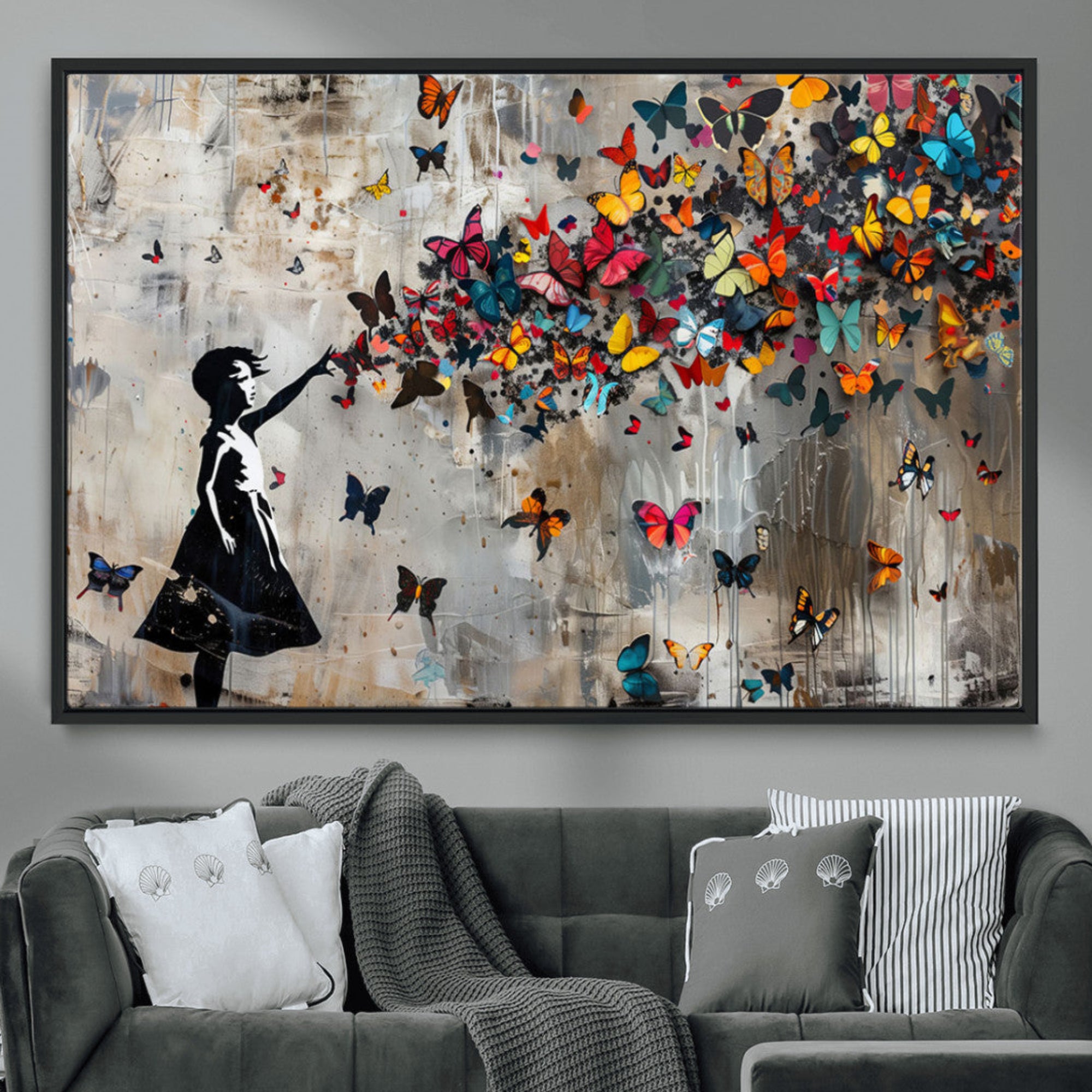 51446-MGV-CV-36X24-Banksy Butterfly Girl Wall Art – Modern Graffiti Canvas Print, Contemporary Street Art Decor for Home or Office