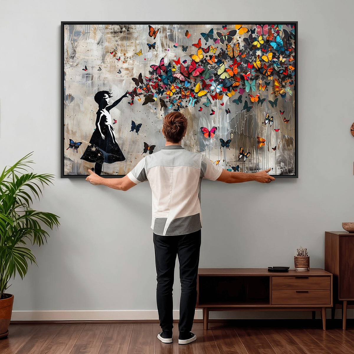 51446D-MGV-CV-24X16 - Banksy Butterfly Girl Wall Art | Modern Graffiti Canvas Print, Street Art Decor