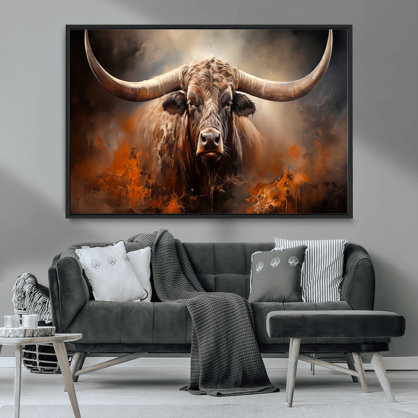 MGV-FC-36X24 - Highland Bull Canvas Abstract Canvas Wall Art Print – Powerful Highland Bull with Striking Horns in