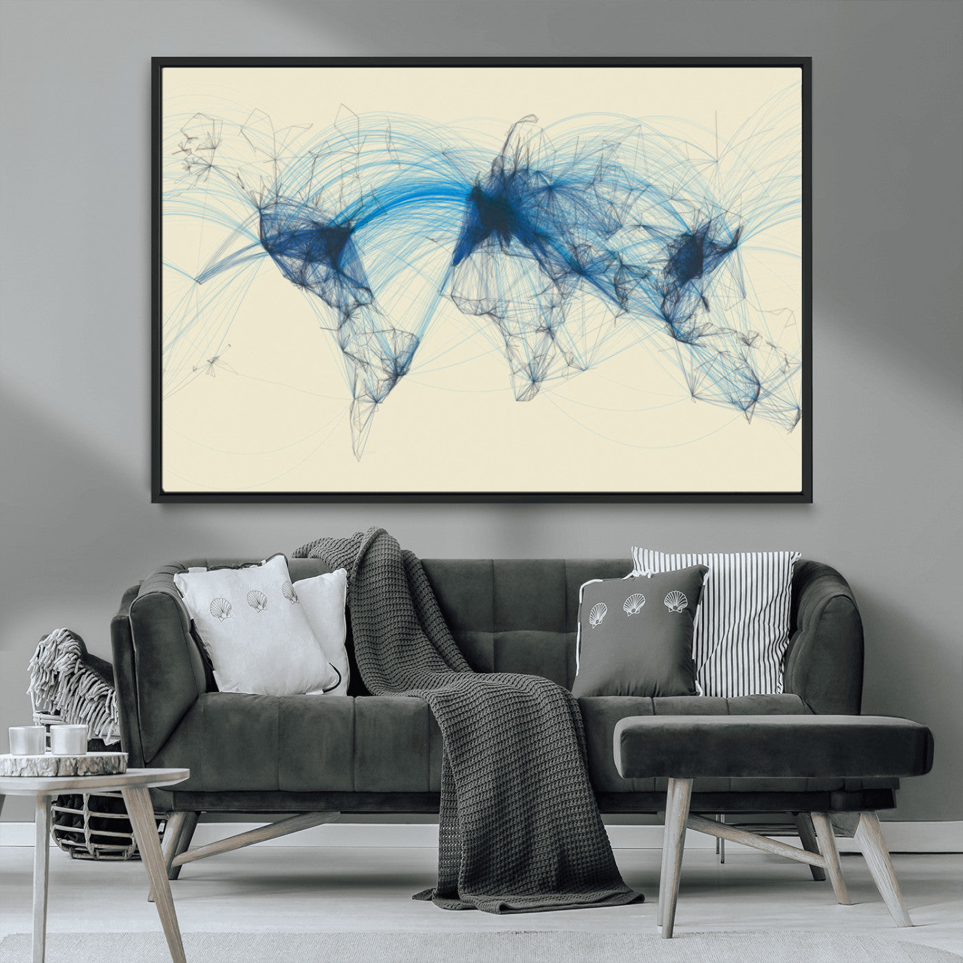 MGV-FC-36X24 - Flight Routes Map art Air Traffic Avi World Map with Blue Connections Canvas Wall Art – Modern