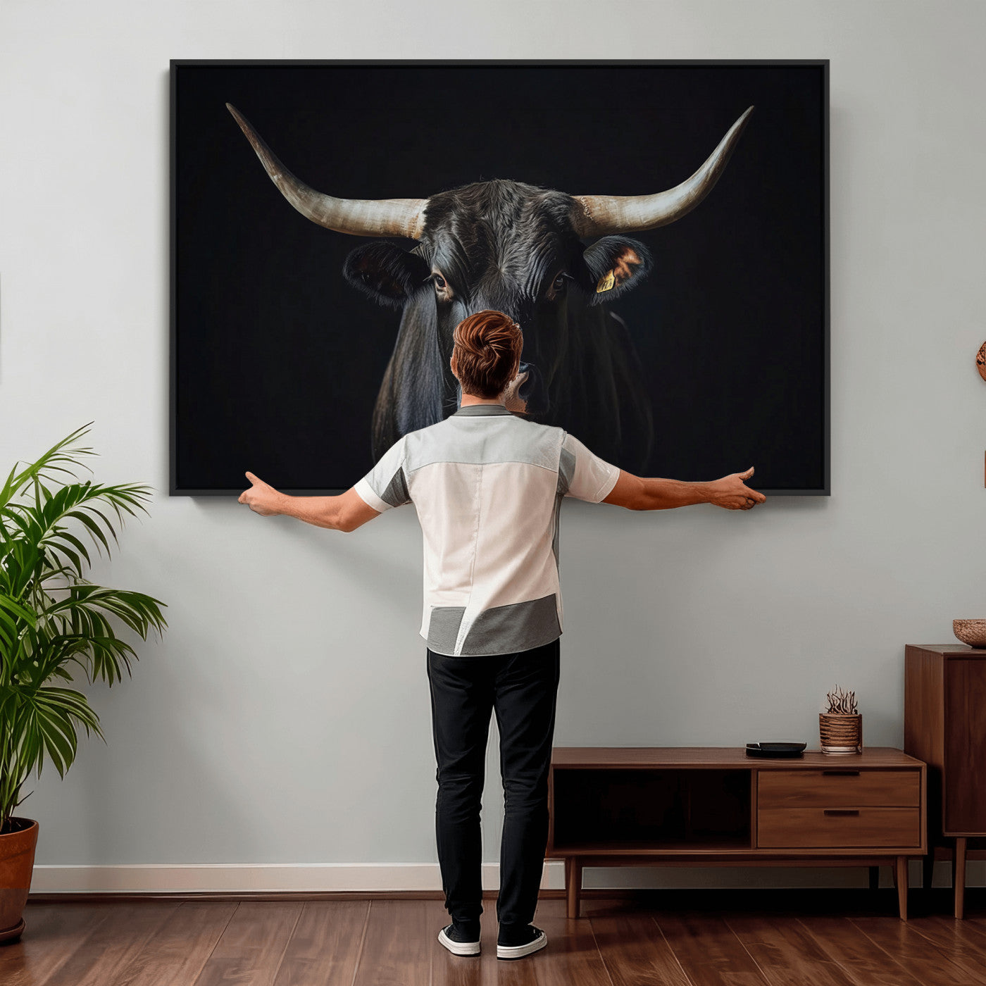 48065167-MGV-CV-36X24 - Texas Longhorn Bull Wall Art Canvas Print – Western Black Bull Art Print for Farmhouse Ranch Decor