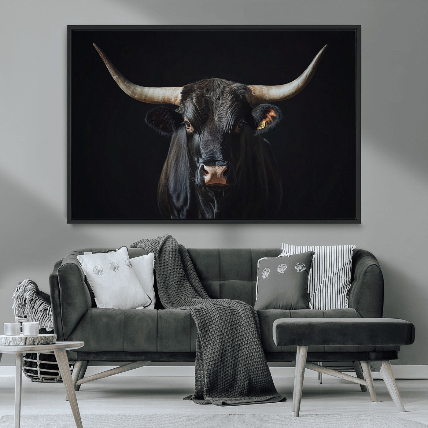 48065167-MGV-CV-36X24-Majestic Longhorn Bull Wall Art Canvas Print – Dark Background Western Ranch Portrait Artwork for Home, Office