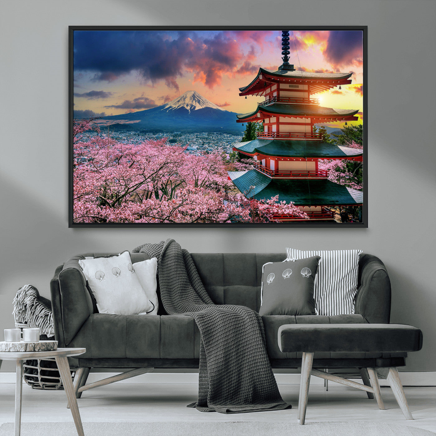 MGV-FC-36X24 - Mount Fuji & Cherry Blossom Wall Art Canvas Print – Iconic Japanese Landscape, Sakura Pagoda Sunset,