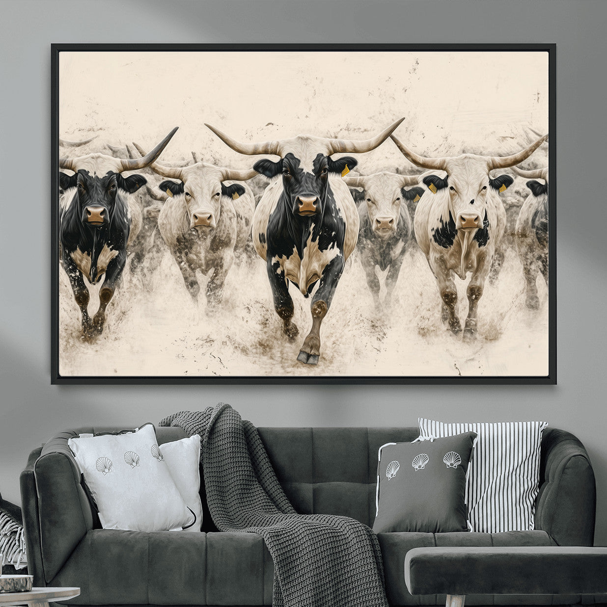 61538944-MGV-FC-36X24_Black-Texas Longhorn Wall Art – Framed Cattle Walking Canvas Artwork, Black White Bull Design, Western Ranch Decor for Home, Office
