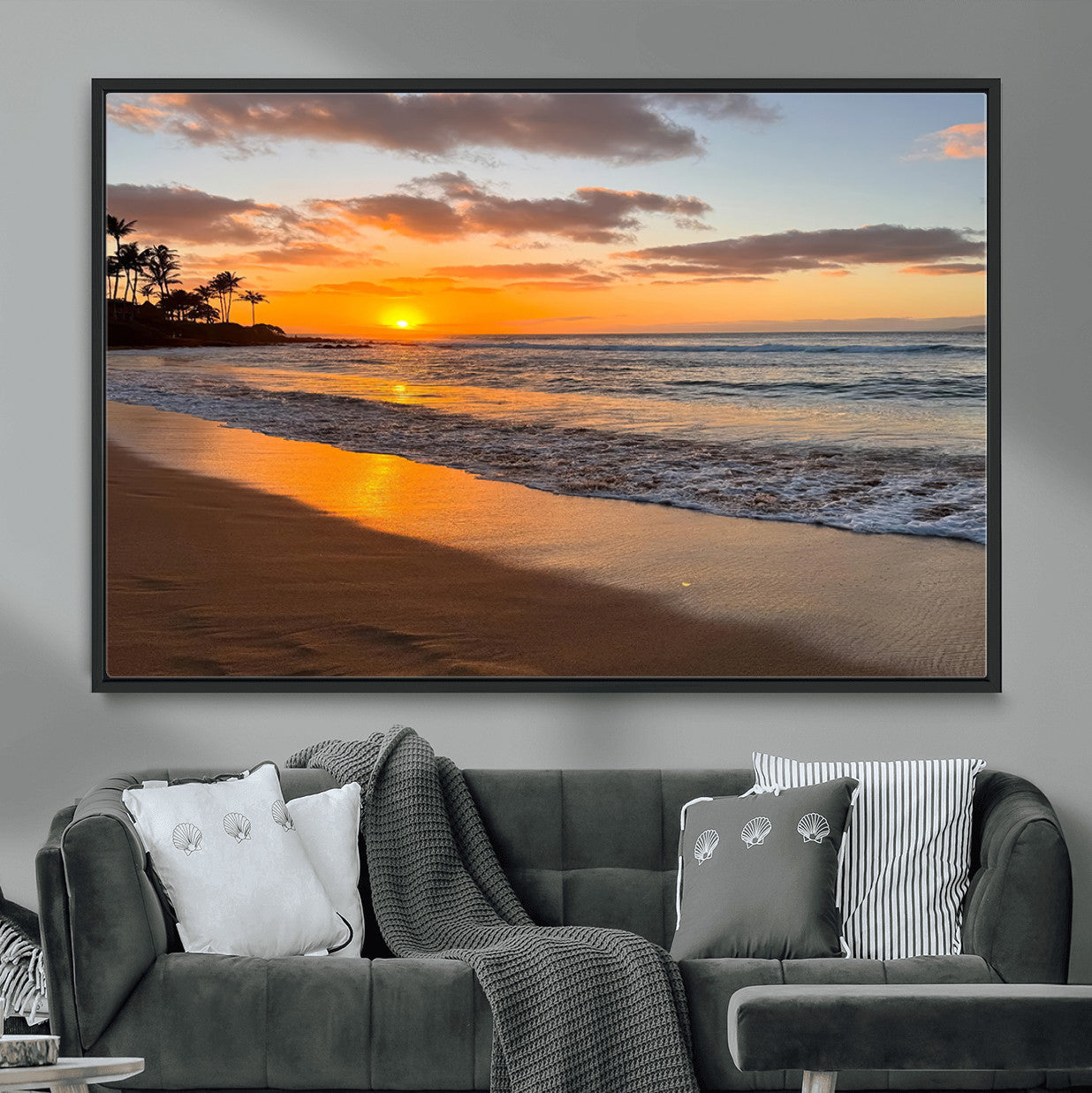 64381660-MGV-CV-36X24-Tropical Beach Wall Art – Framed Sunset Ocean Canvas Artwork, Golden Shore Design, Modern Coastal Decor for Home, Office