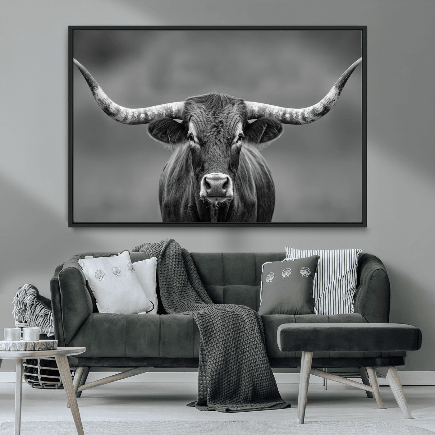 MGV-FC-36X24 - Framed Texas Longhorn Bull Art Canvas Print, Western Bull Wall Art Print, Long Horn Bull Photo Print