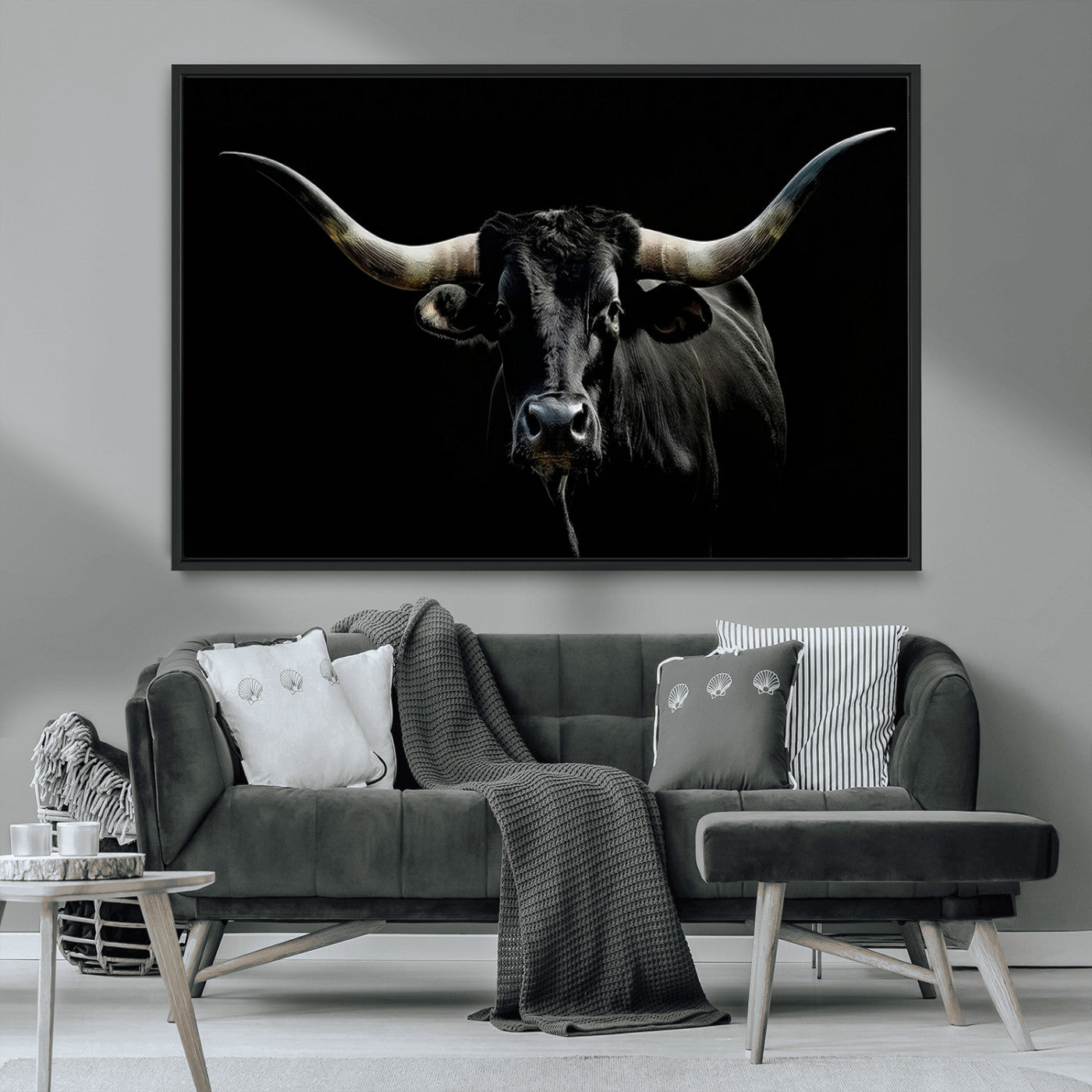 MGV-FC-36X24 - Texas Black Bull Wall Art Print, Longhorn Bull Canvas Wall Art