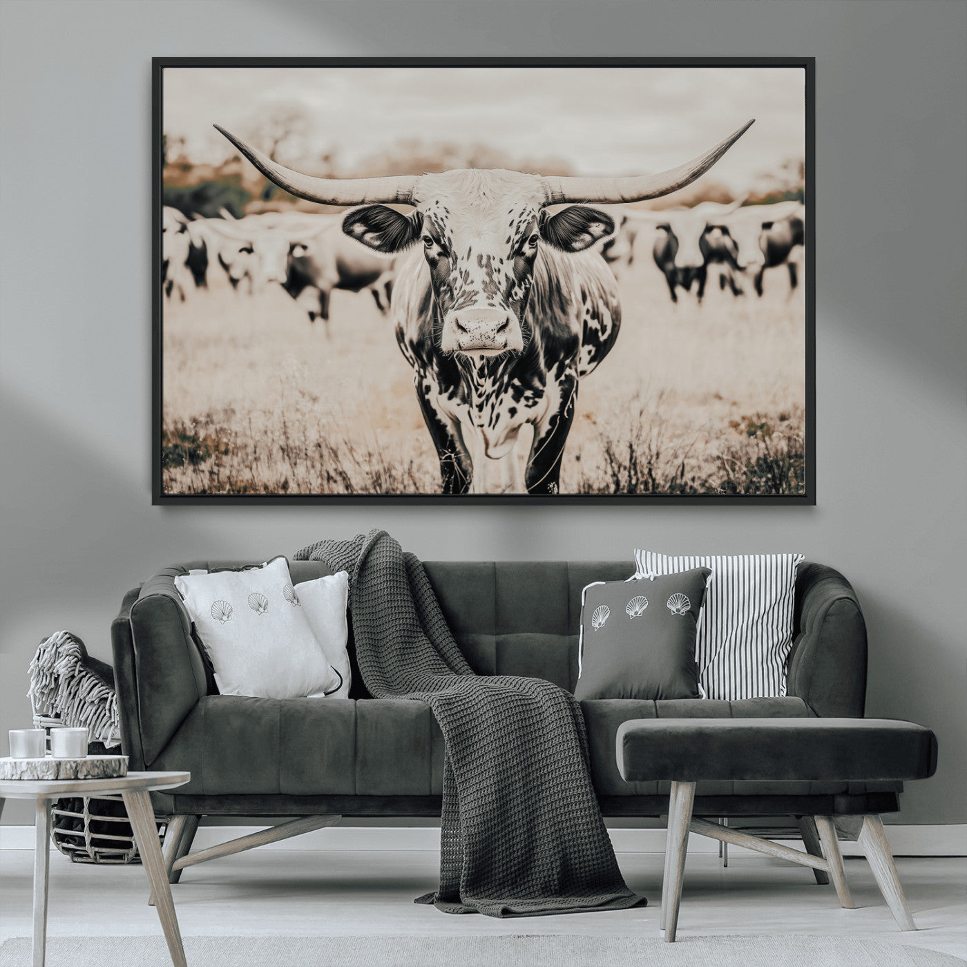 MGV-FC-36X24 - Texas Longhorn Wall Art Canvas Print, Framed Speckled Cow Art Picture Print, Horned Cattle Perfect Rustic Western Decor Artwork