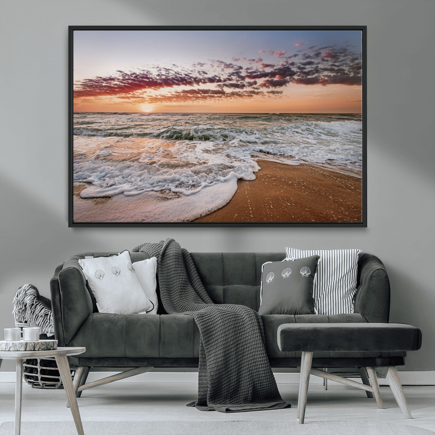 MGV-FC-36X24 - Ocean Sunset Wall Art Canvas Print, Framed Sandy Shore Art Picture Print, Gentle Waves Perfect Minimalist Coastal Decor Artwork