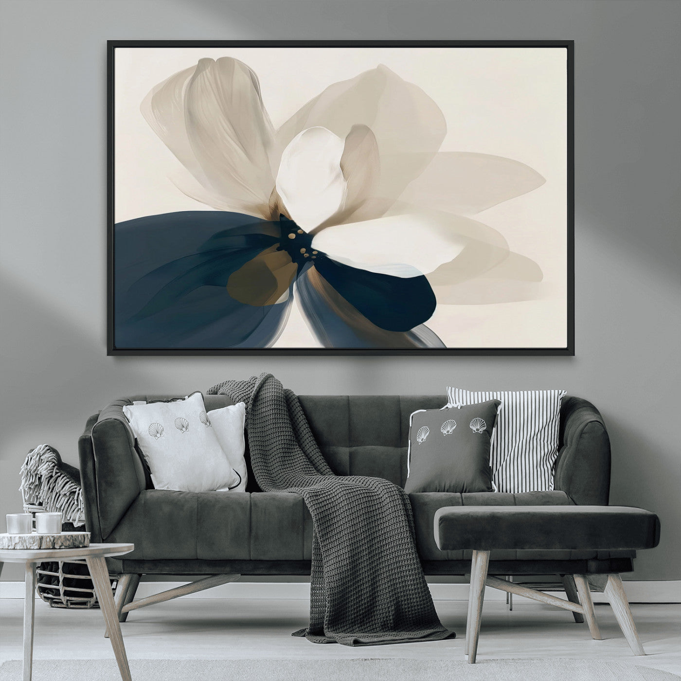MGV-FC-36X24 - Minimal Flower Wall Art Canvas Print, Framed Flower Drawing Art Picture Print, Beige Bloom Perfect Modern Botanical Decor Artwork