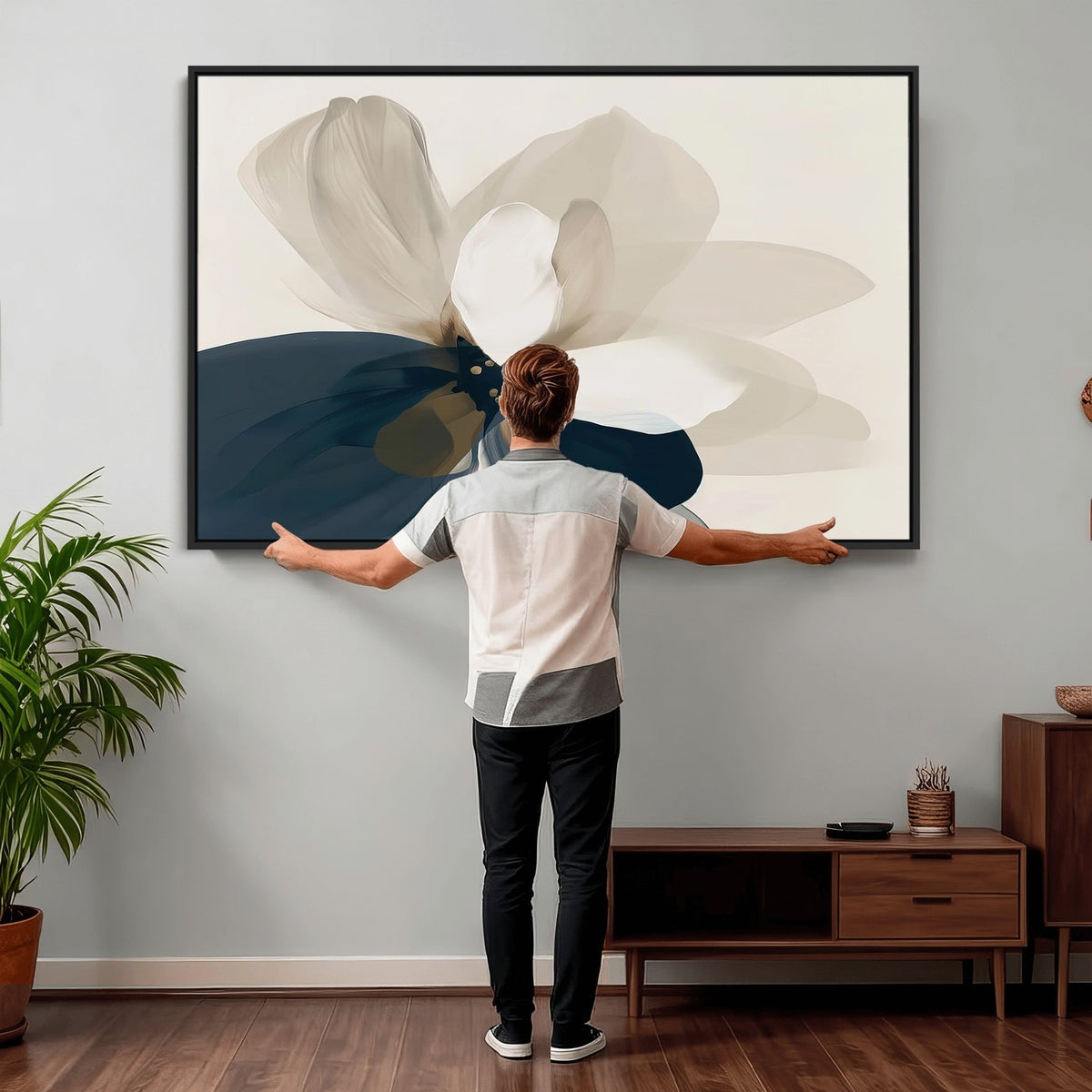 42188901-MGV-CV-24X16 - Minimal Flower Wall Art Canvas Print | Framed Beige and Navy Bloom