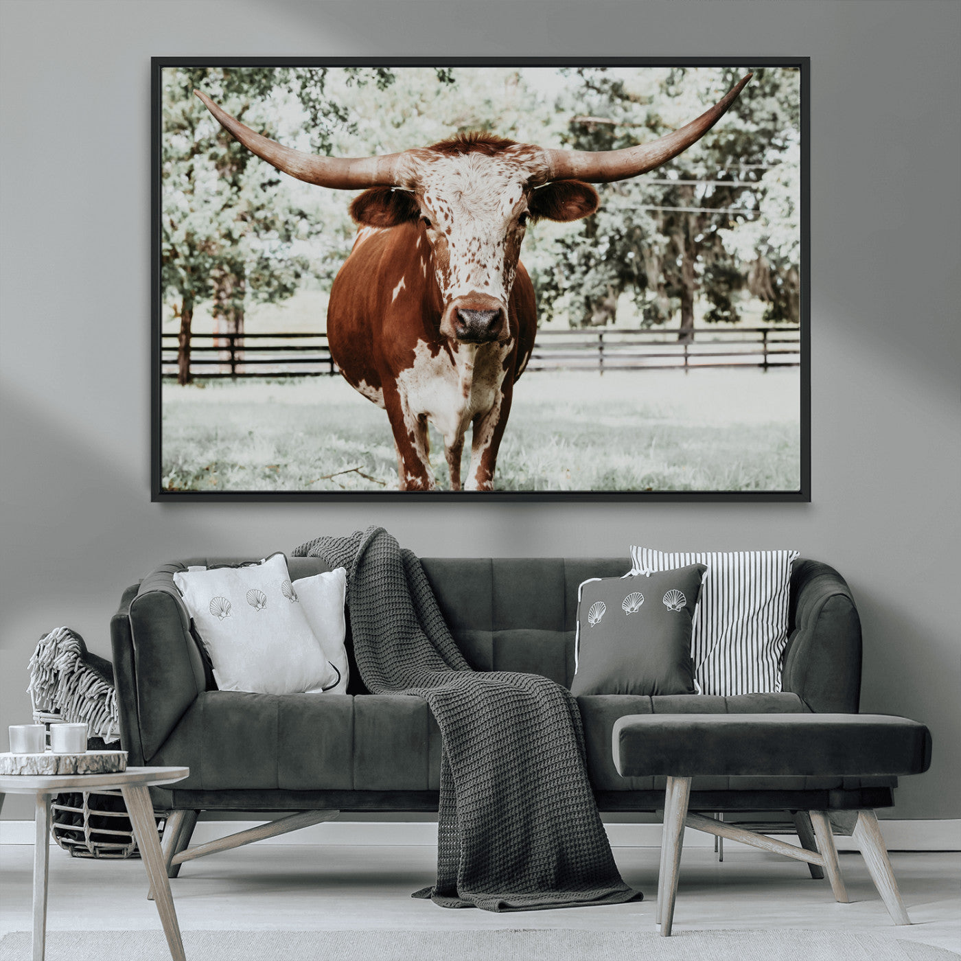 MGV-FC-36X24 - Texas Longhorn Wall Art Canvas Print, Framed Spotted Cow Art Picture Print, Horned Cattle Perfect Rustic Western Decor Artwork
