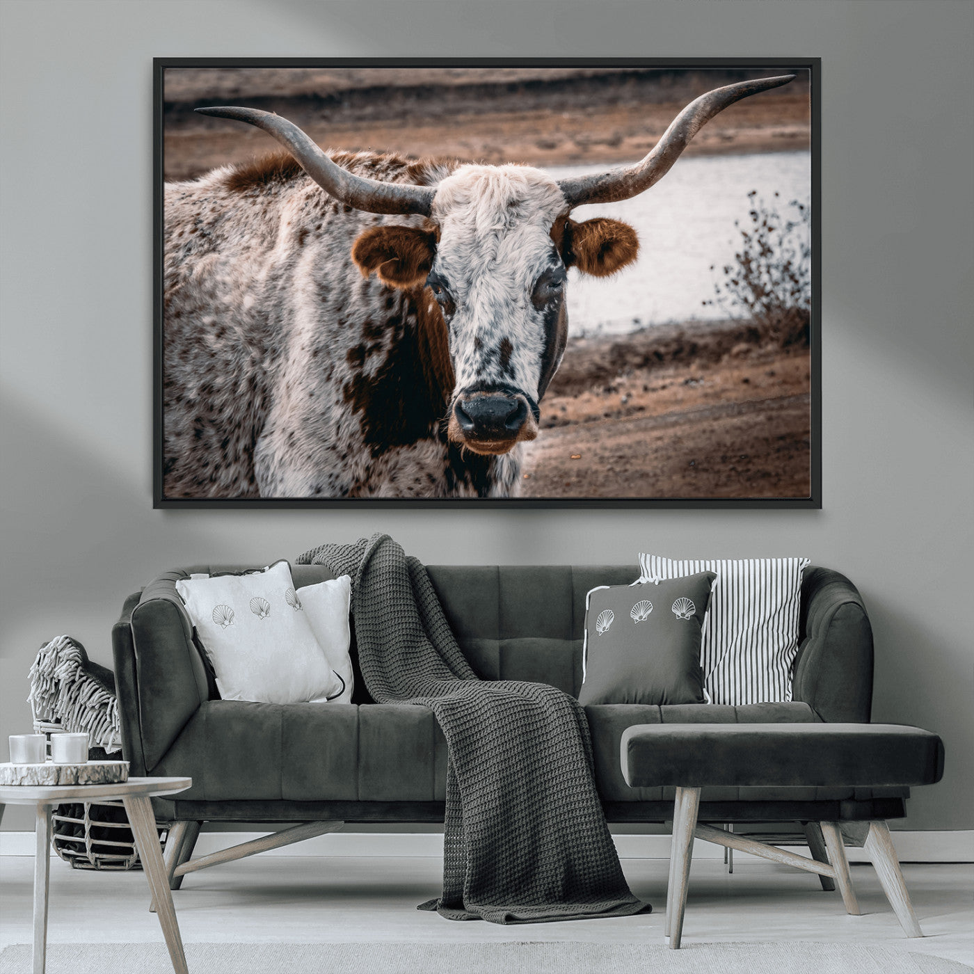 MGV-FC-36X24 - Texas Longhorn Wall Art Canvas Print, Framed Spotted Cow Art Picture Print, Horned Cattle Perfect Rustic Western Decor Artwork