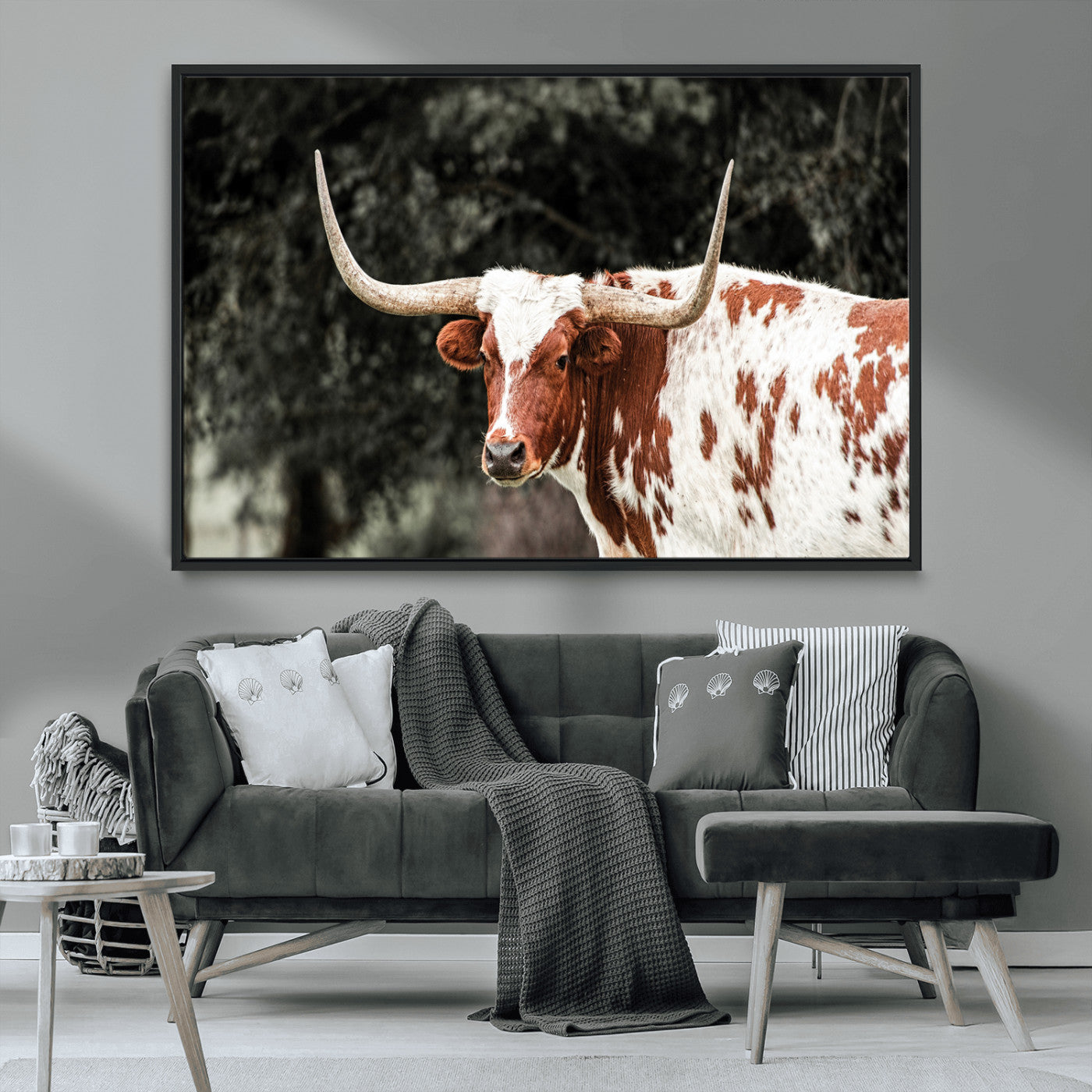 MGV-FC-36X24 - Texas Longhorn Wall Art Canvas Print, Framed Spotted Cow Art Picture Print, Horned Bull Perfect Rustic Western Decor Artwork