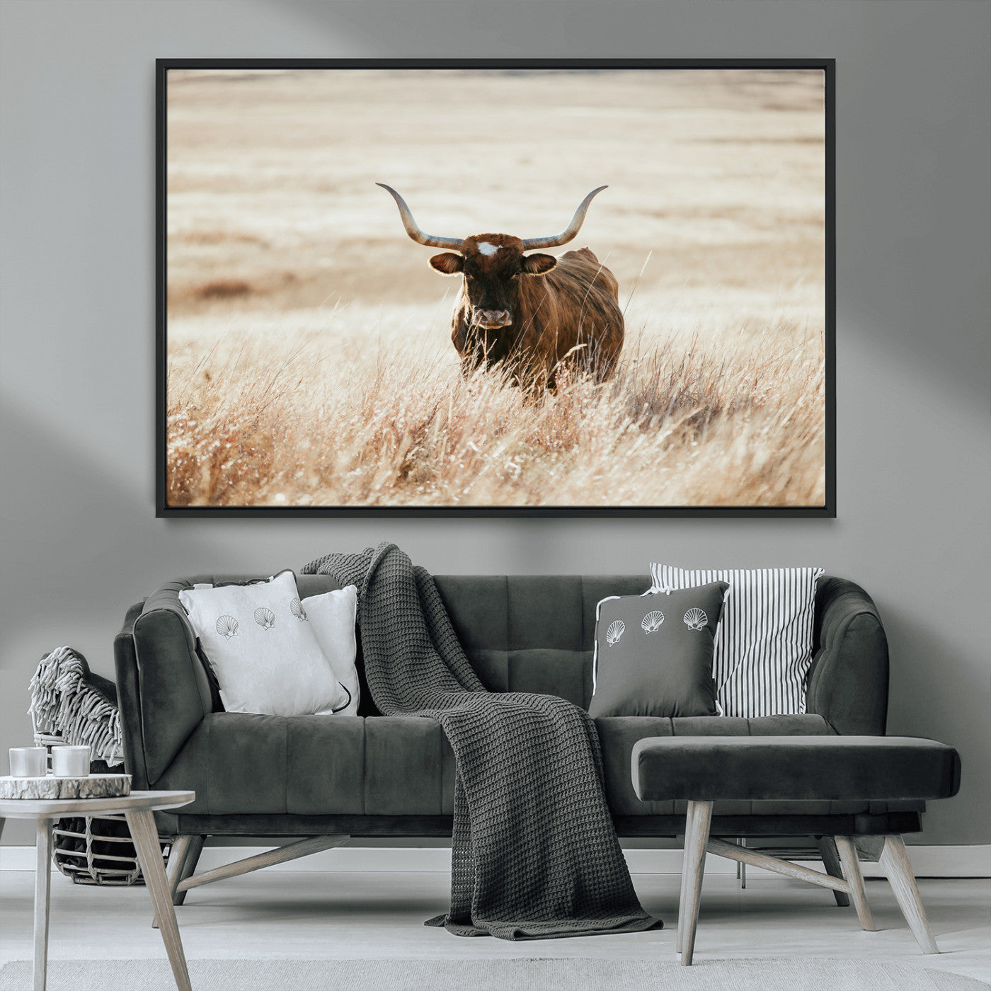 MGV-FC-36X24 - Texas Longhorn Wall Art Canvas Print, Framed Brown Cattle Art Picture Print, Horned Bull Perfect Rustic Western Decor Artwork