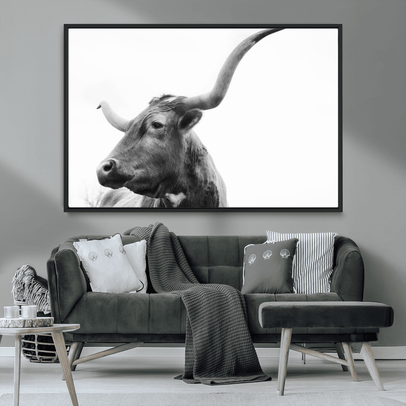 MGV-FC-36X24 - Longhorn Wall Art Wall Art Canvas Print, Framed Modern Ranch Style Art Art Picture Print, Monochrome Cow Print Perfect Rustic Western Decor Artwork