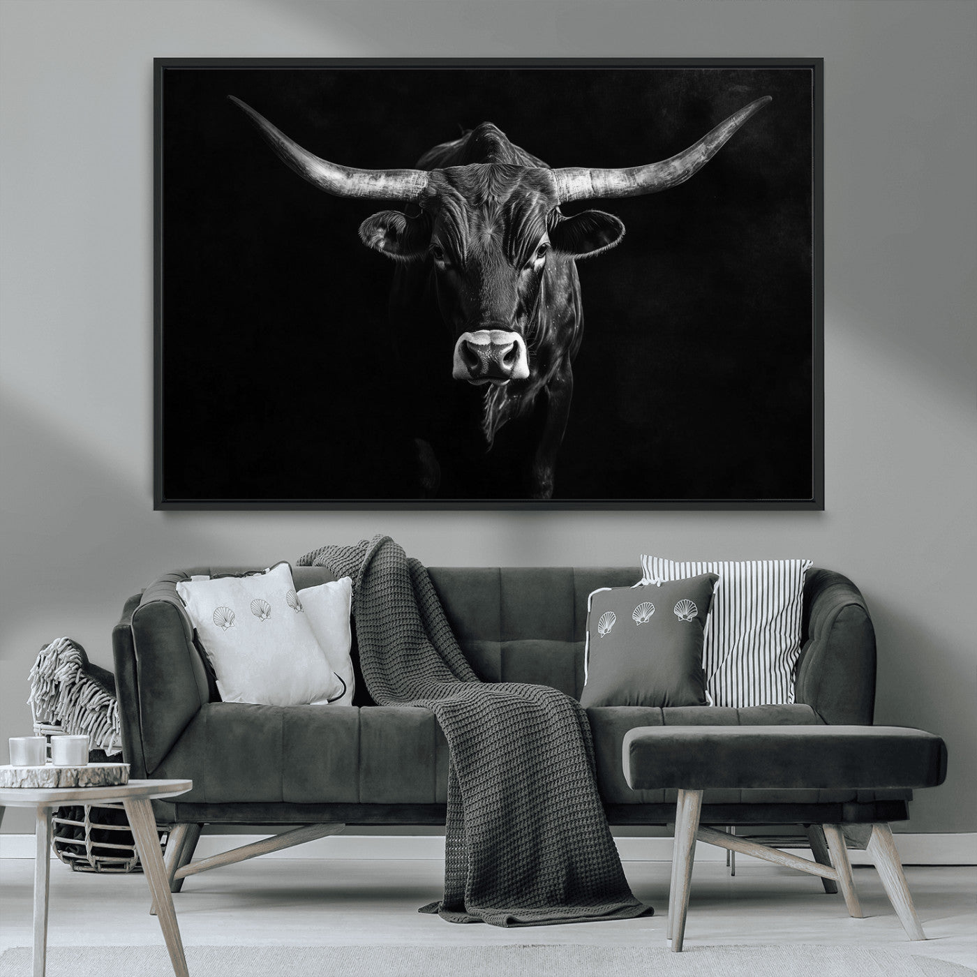 MGV-FC-36X24 - Texas Longhorn Wall Art Canvas Print, Framed Monochrome Bull Art Picture Print, Horned Bull Perfect Rustic Western Decor Artwork