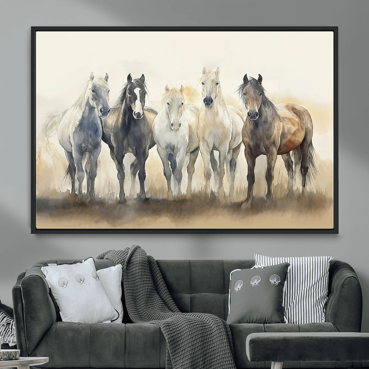 11177620-MGV-CV-36X24-Wild Horses Wall Art Canvas Print, Framed Running Horses Art Picture Print, Watercolor Horses Perfect Rustic Western Decor Artwork
