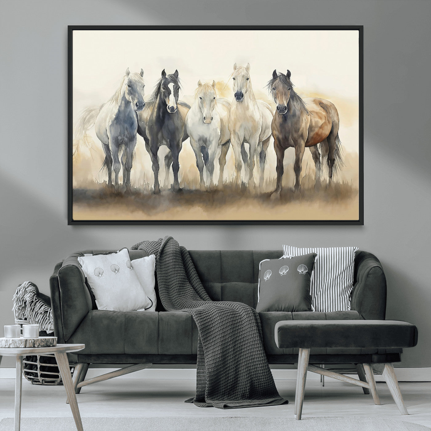 MGV-FC-36X24 - Wild Horses Wall Art Canvas Print, Framed Running Horses Art Picture Print, Watercolor Horses Perfect Rustic Western Decor Artwork