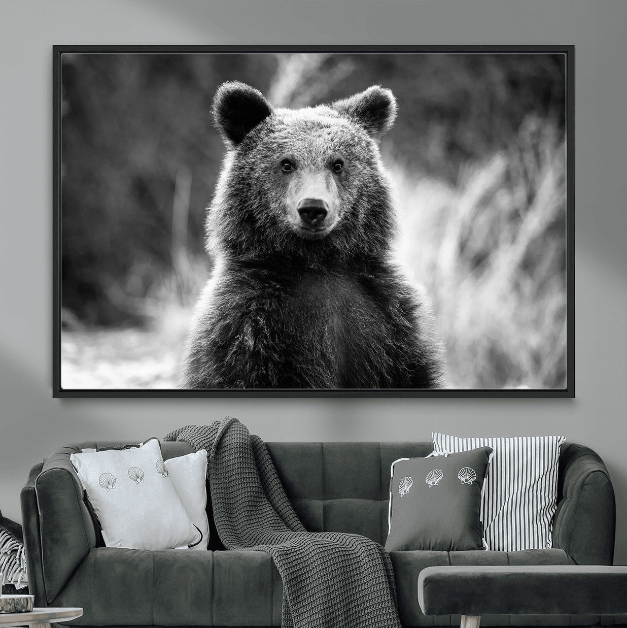 55656803-MGV-CV-36X24-Grizzly Bear Wall Art Canvas Print – Framed Black White Wildlife Rustic Nature Artwork for Home, Office Decor