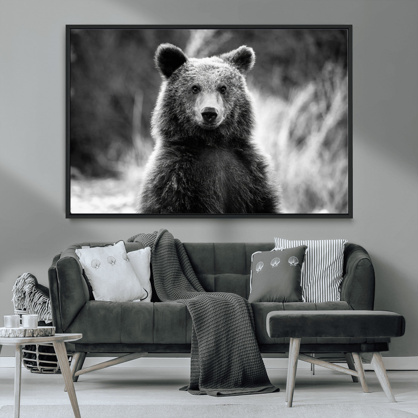 MGV-FC-36X24 - Grizzly Bear Wall Art Canvas Print, Framed Black White Bear Art Picture Print, Wild Bear Perfect Rustic Wildlife Decor Artwork