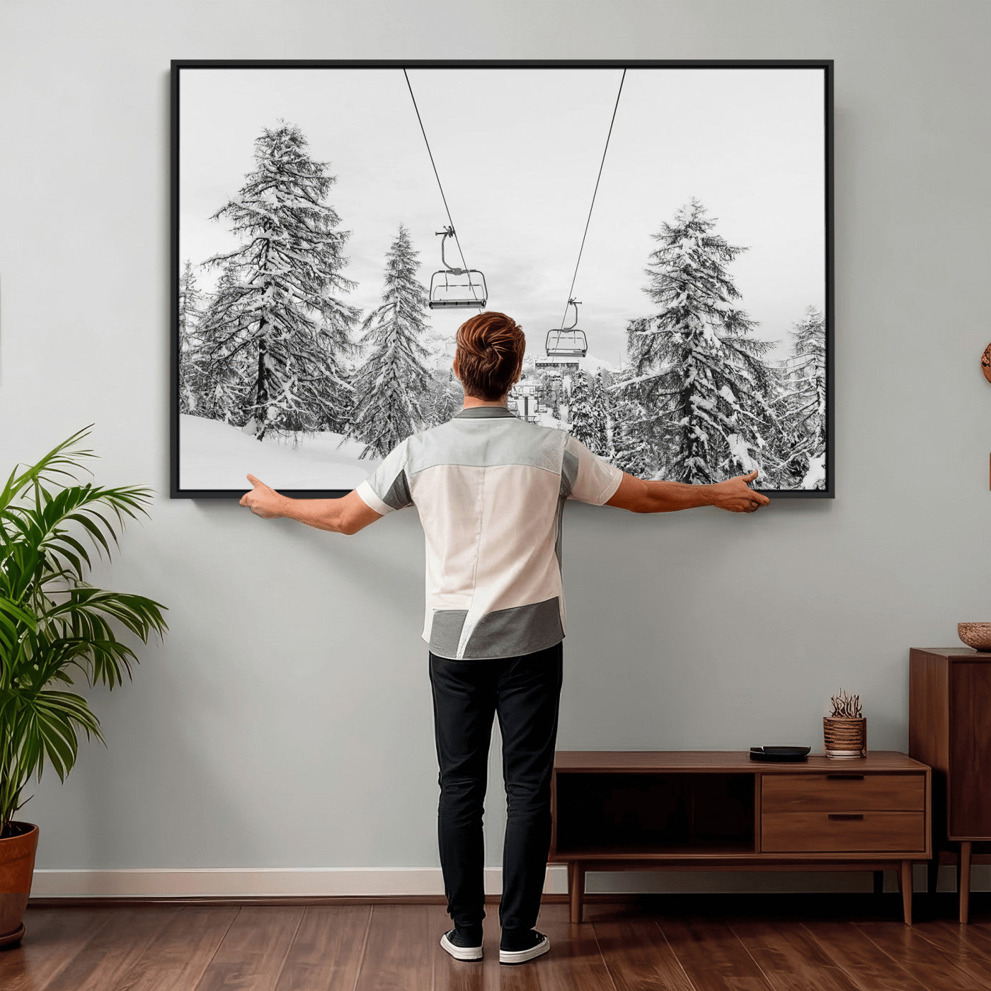 55003599-MGV-CV-36X24 - Snowy Ski Lift Wall Art – Framed Winter Forest Canvas Artwork, Peaceful Mountain Design, Modern Nature Decor for Home, Office